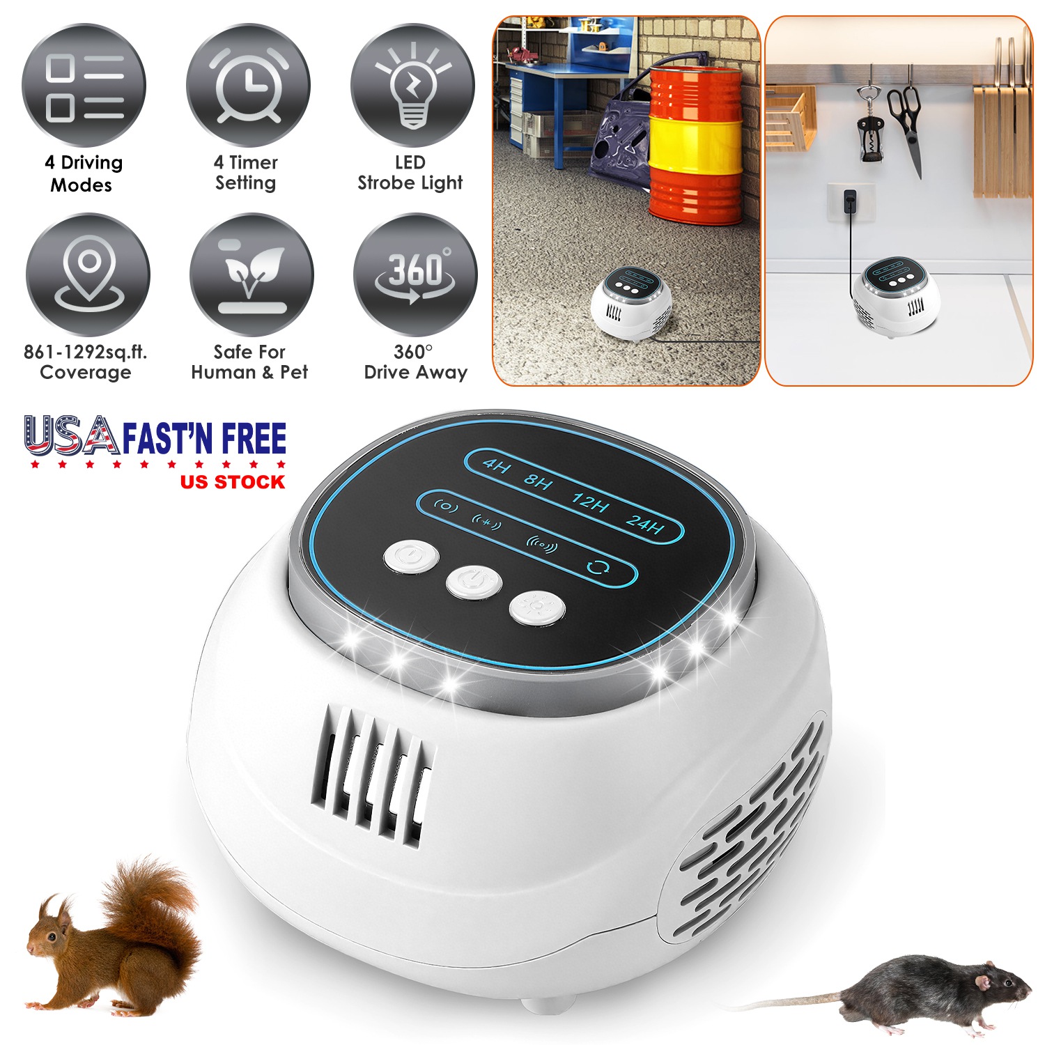 Ultrasonic Rodent Chaser Rat Repellent Pest Driver Mouse Control Squirrel Repeller with 4 Modes 4-65KHz Strobe Light 4 Timer 1292sq.ft. Coverage for R thumbnail 4