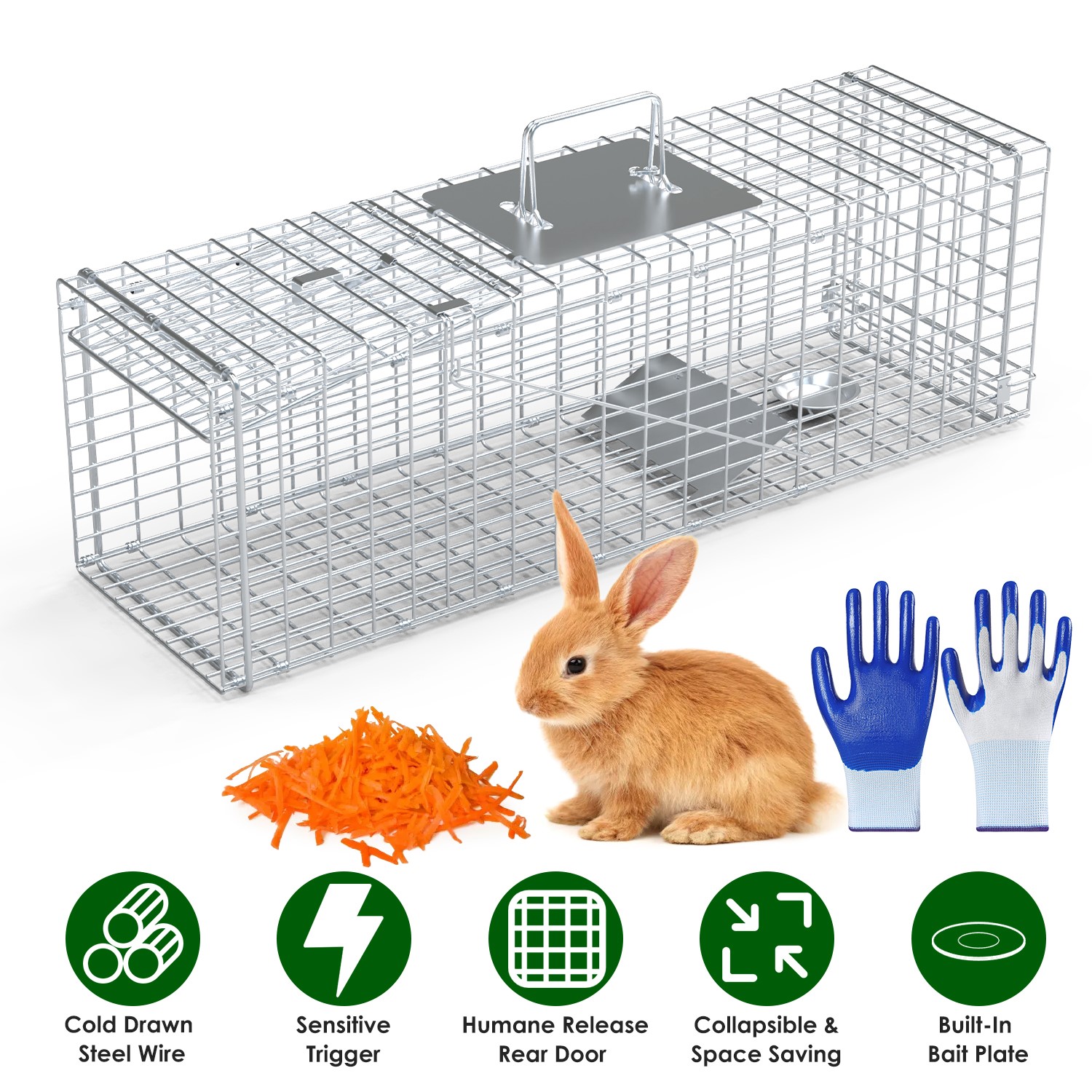 Live Animal Trap Cage 27x7.5x8in Folding Catch and Release Steel Humane Cat Trap for Racoons Stray Cats Rabbits Beavers Hedgehogs Chipmunk Small Anima thumbnail 4