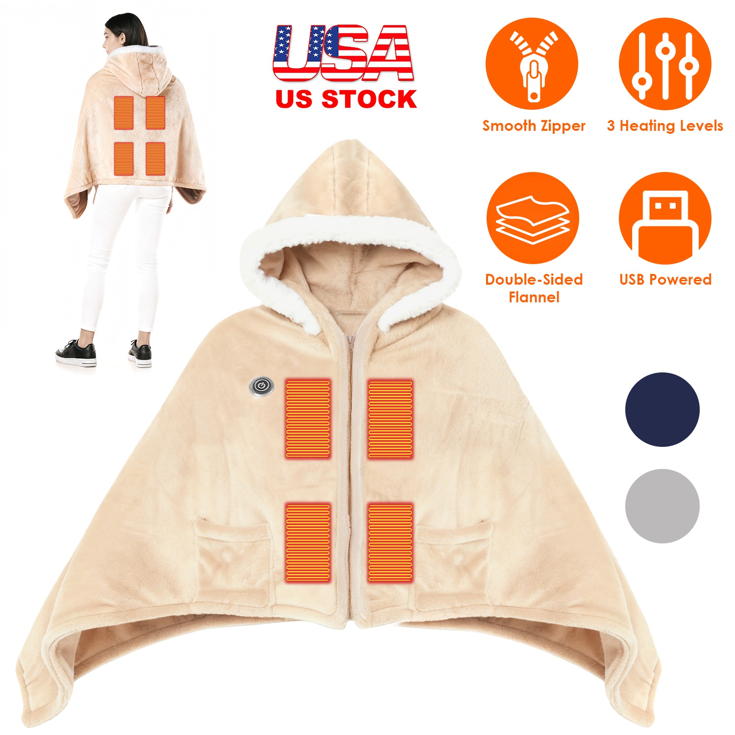 Wearable Heated Throw Blanket Double-Sided Flannel Portable Electric Heating Hoodie For Women Men Machine Washable 3 Heating Levels Battery Operated thumbnail 4