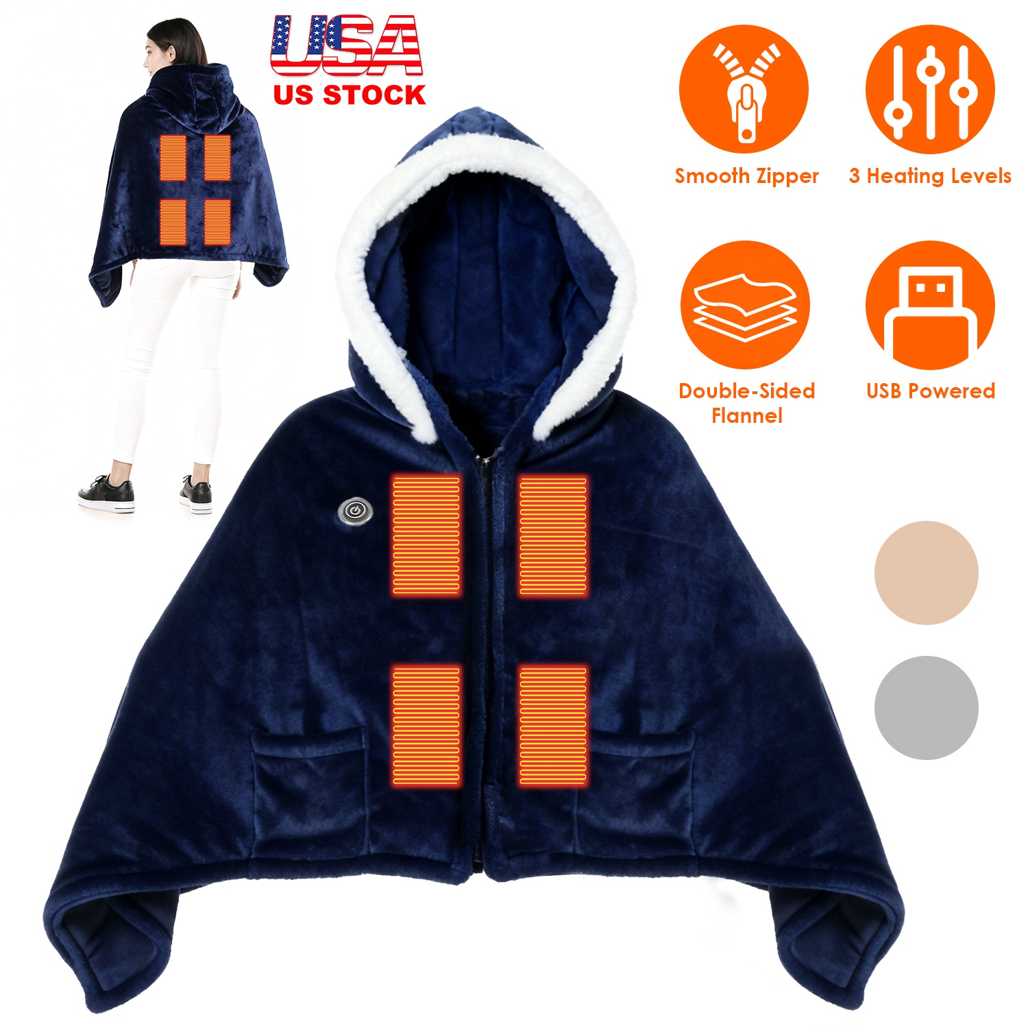 Wearable Heated Throw Blanket Double-Sided Flannel Portable Electric Heating Hoodie For Women Men Machine Washable 3 Heating Levels Battery Operated thumbnail 4