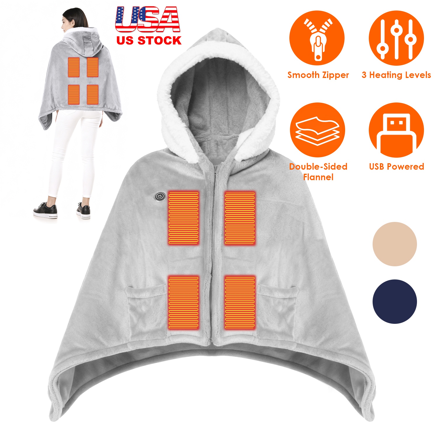 Wearable Heated Throw Blanket Double-Sided Flannel Portable Electric Heating Hoodie For Women Men Machine Washable 3 Heating Levels Battery Operated thumbnail 4