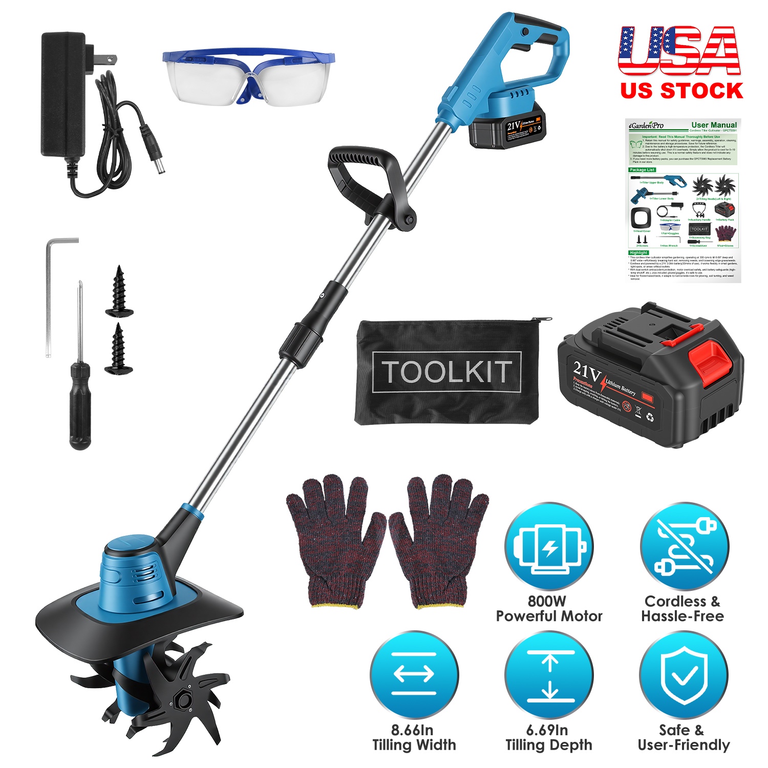 800W 21V Cordless Tiller Cultivator 3.0Ah Battery Powered Tiller with 8.66" Width 6.69" Depth Manganese Steel Tines for Soil Cultivation Weeding Garde thumbnail 4