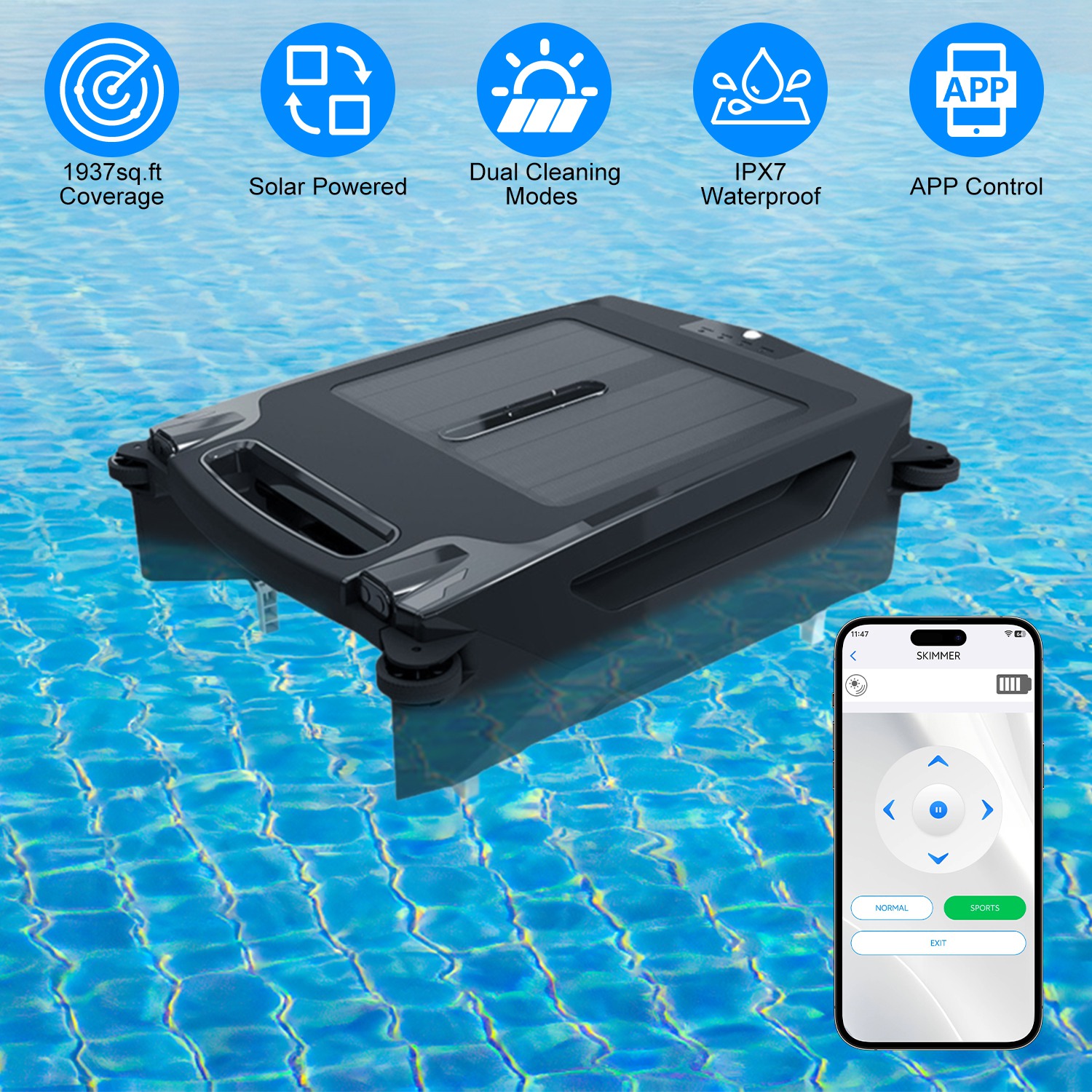 Solar Powered Robotic Pool Skimmer Automatic Swimming Pool Surface Cleaner with 2 Cleaning Modes Dual Charging Methods IPX7 Waterproof 1937sq.ft Cover thumbnail 4