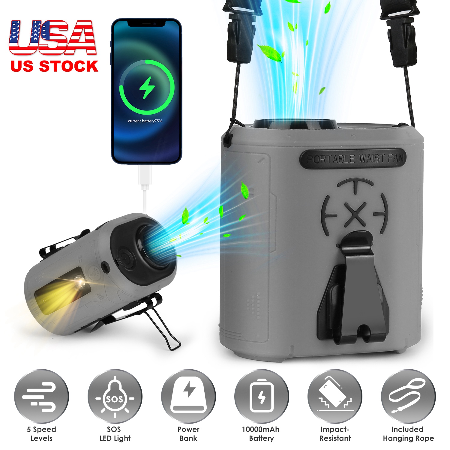 5 In 1 Portable Waist Clip Fan With 5 Speeds Flashlight 10000mAh Battery Operated Personal Wearable Turbo Belt Fan Hands-Free Neck Fan For Camping Tra thumbnail 4