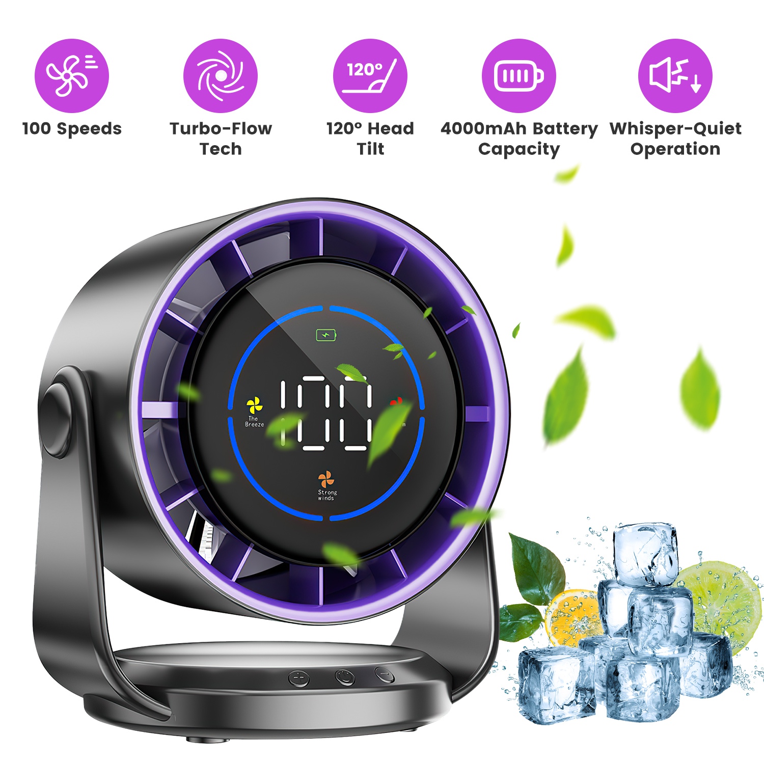 100 Speeds Desk Fan Battery Operated Wall Mounted Fan Rechargeable Mini Desk Fan with 120º Tilting Angle for Home Office Travel thumbnail 4