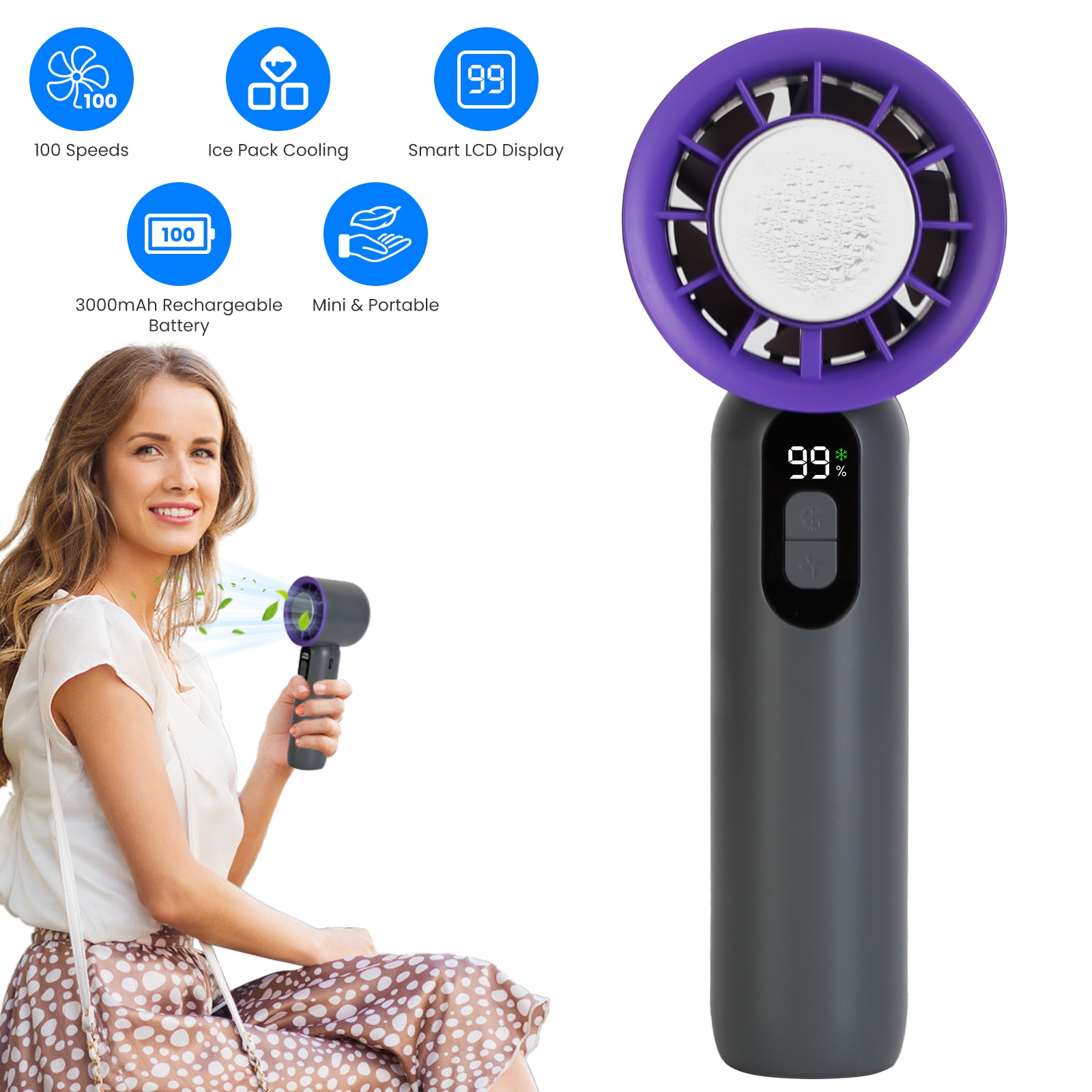 100 Speed Handheld Fan With Ice Cooler High Speed Turbo Fan 3000mAh Rechargeable Hand Fan with LCD Display for Travel Camping Beach Outdoor thumbnail 4
