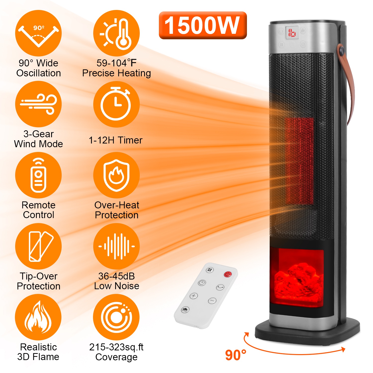 1500W Oscillating Ceramic Tower Space Heater with 3D Flame Portable Electric Heater with 3 Wind Modes 59-104?Heating Remote Control 12H Timer Overheat thumbnail 4