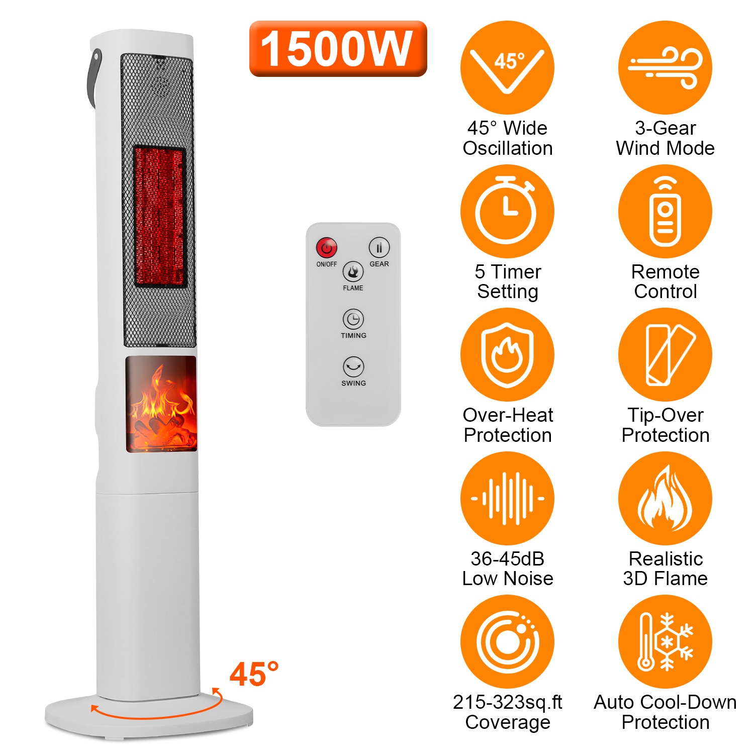 1500W Oscillating Ceramic Tower Space Heater with 3D Flame Portable Electric Heater with 3 Wind Modes Remote Control 5 Timer Overheat Tip-Over Protect thumbnail 4