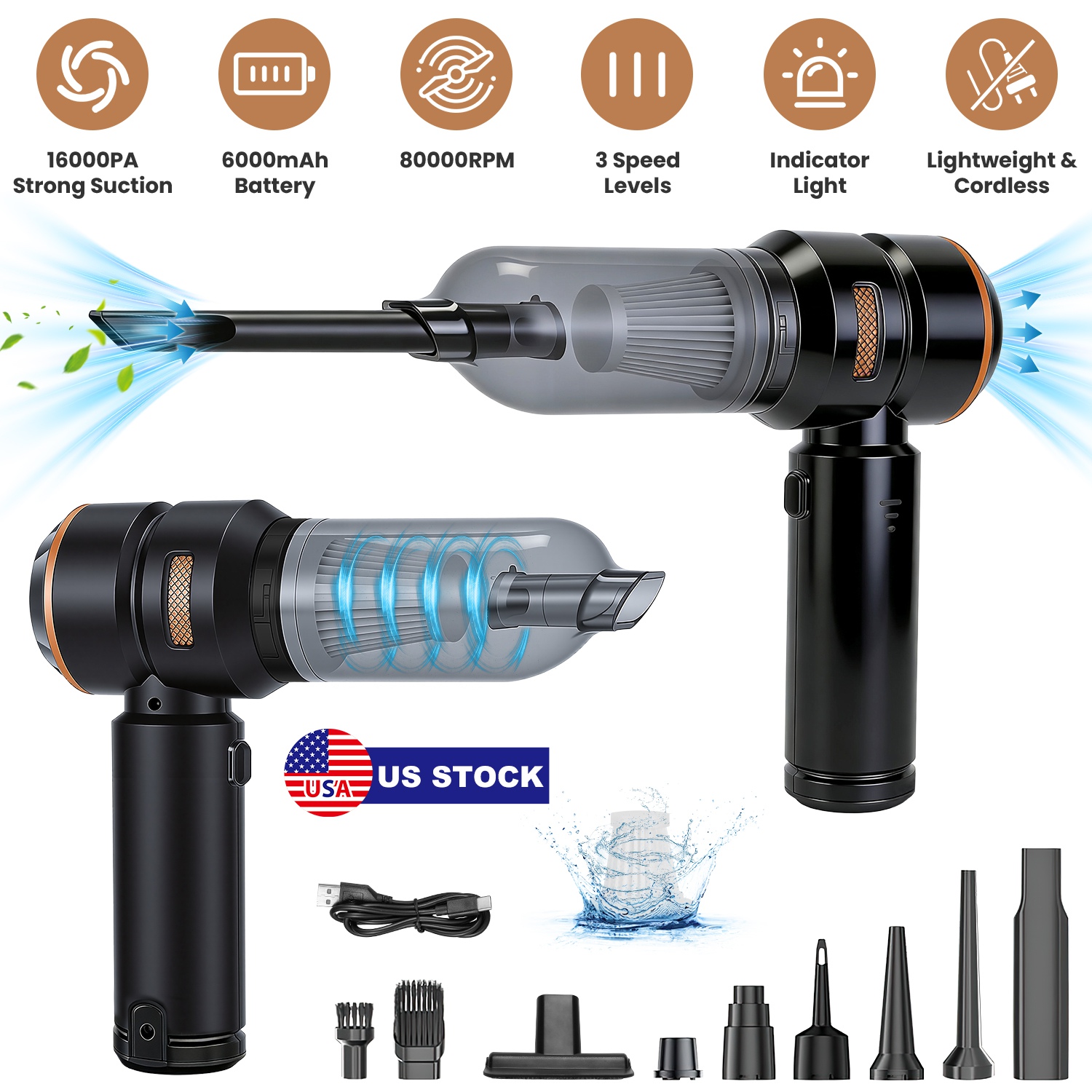 16000PA Handheld Car Vacuum Cleaner With Brushless Motor 2 Reusable Filters 4 In 1 Portable Cordless Compressed Air Duster & Blower for Car Office Hom thumbnail 4