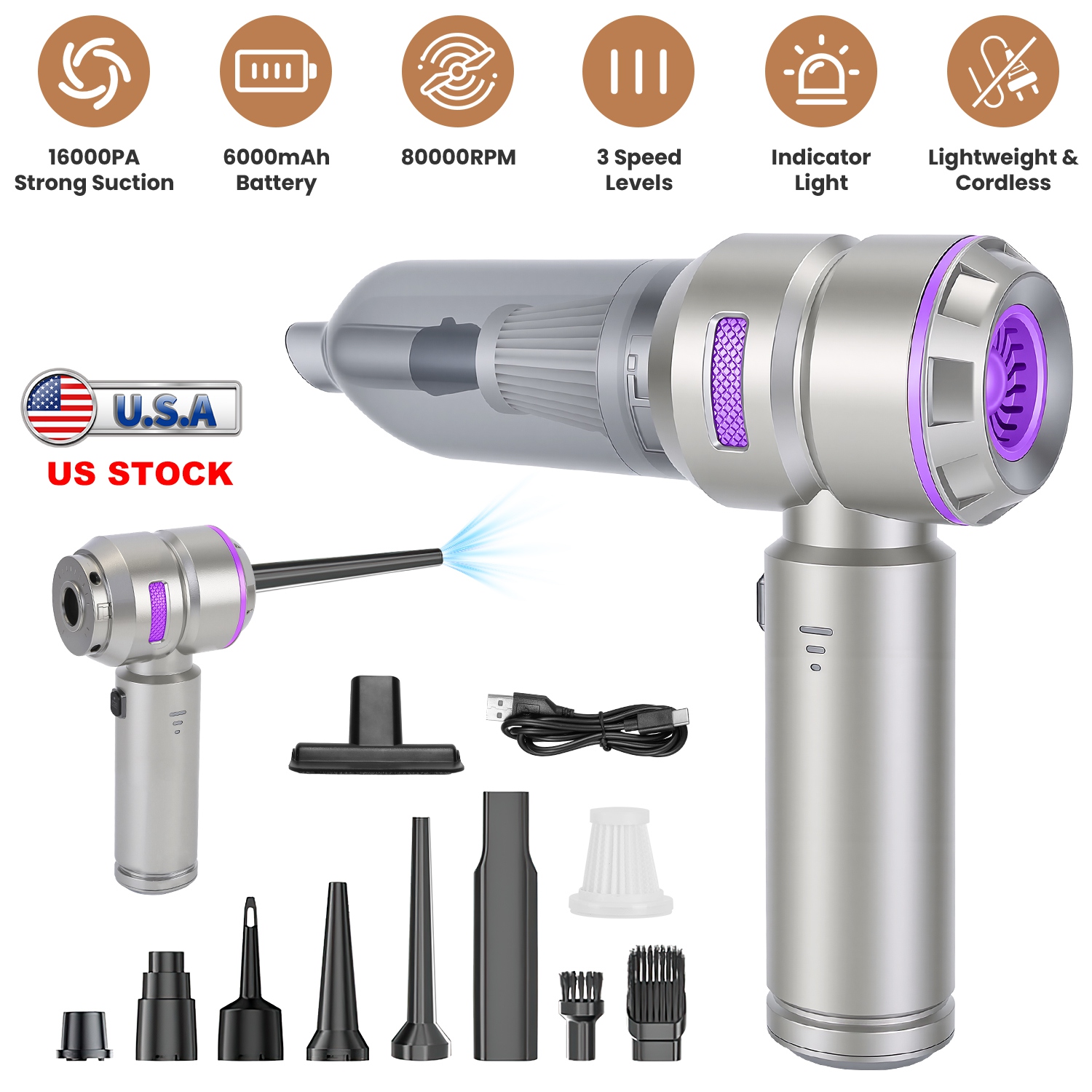16000PA Handheld Car Vacuum Cleaner With Brushless Motor 2 Reusable Filters 4 In 1 Portable Cordless Compressed Air Duster & Blower for Car Office Hom thumbnail 4