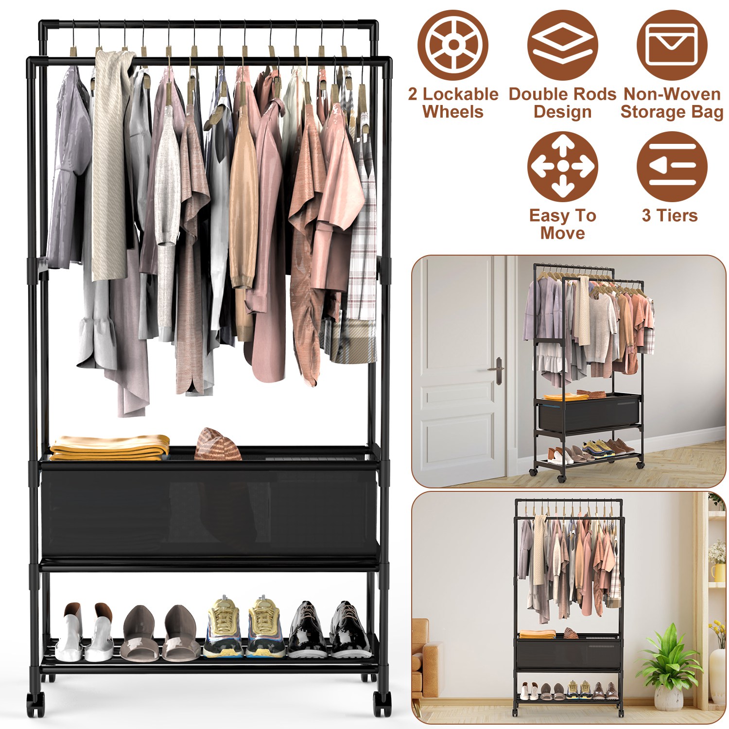 Double Rods Garment Rack with Storage Bag Portable Clothing Rack with Shelves Lockable Wheels Small Portable Closet Storage Bag Height Adjustable thumbnail 4
