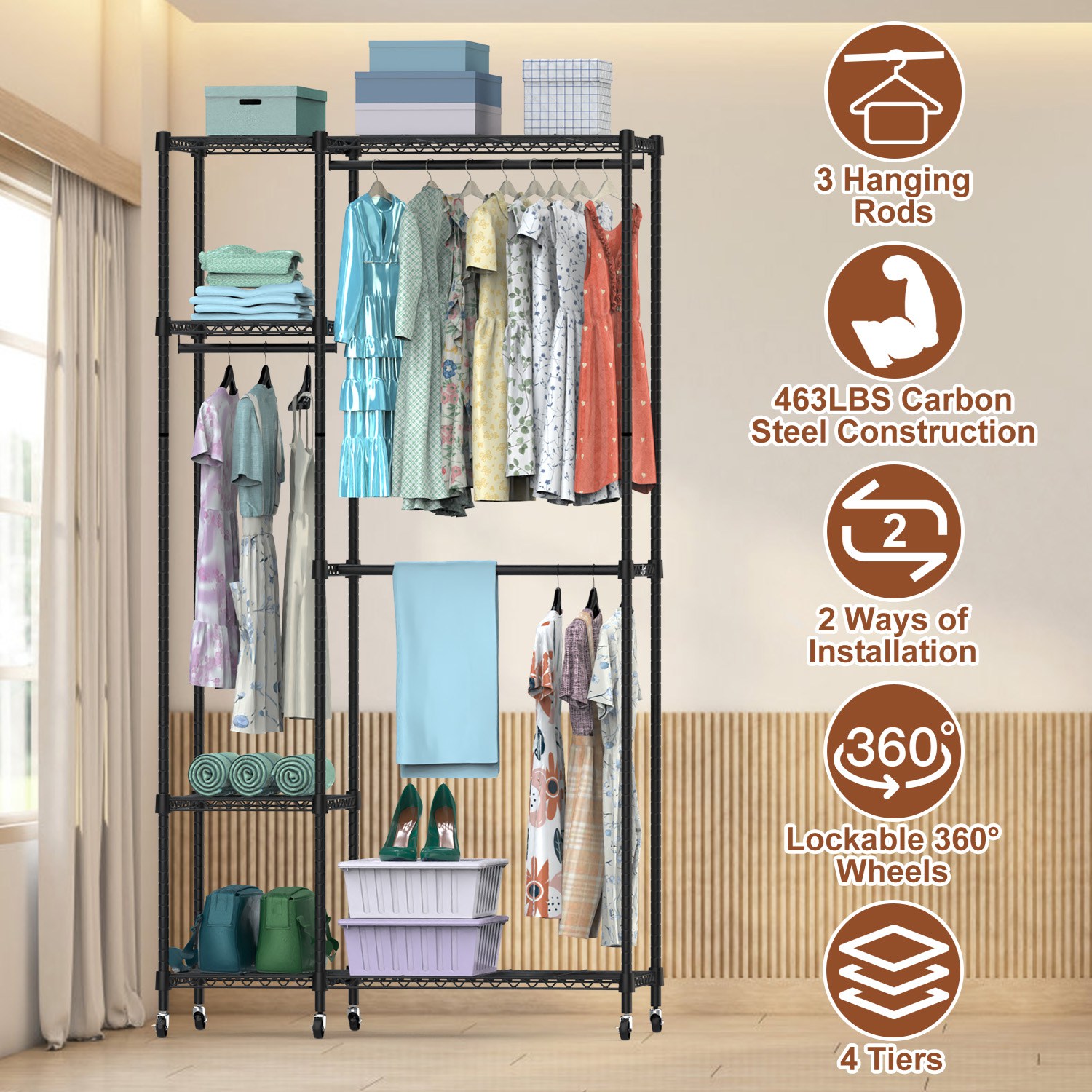 4 Tier Heavy Duty Garment Rack with Wheels Carbon Steel Clothing Rack Portable Wardrobe Clothes Rack with 3 Hanging Rods 6 Footrests 44.9x17.13x77.95i thumbnail 4