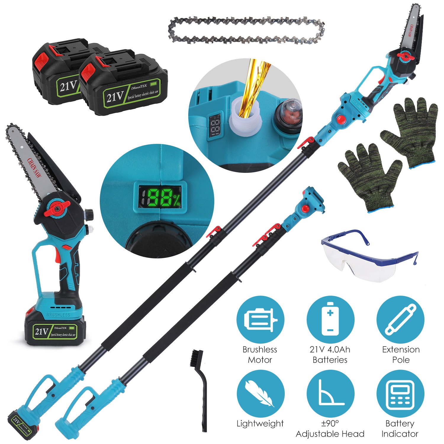 2-IN-1 Cordless Pole Saw And Mini Chainsaw With Extension Pole 21V Battery 6 Electric Brushless Pole Chainsaw with Digital Display Auto Oiler Safety thumbnail 4