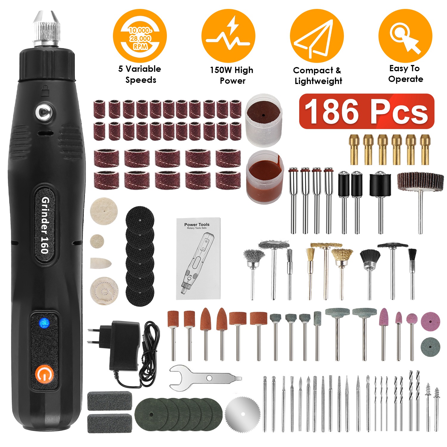 Mini Corded Rotary Power Tool Set of 186Pcs Electric Detail Sander Grinding Pen Small Drill Kit Engraver with 5 Speeds for Sanding Polishing Drilling thumbnail 4