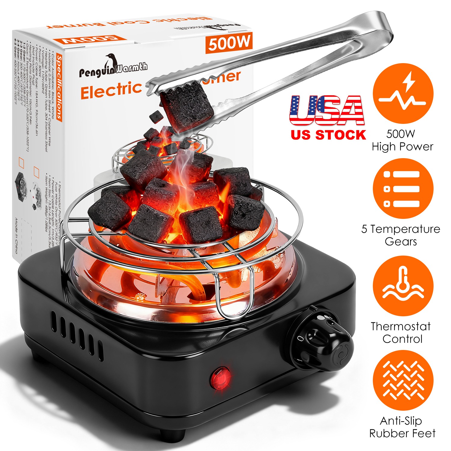 Electric Charcoal Burner 500W Hookah Charcoal Burner Compact Coal Burner for Hooka Cubes Shisha with Grill and Tongs 5 Temperature Gears 338?-1022? Th thumbnail 4