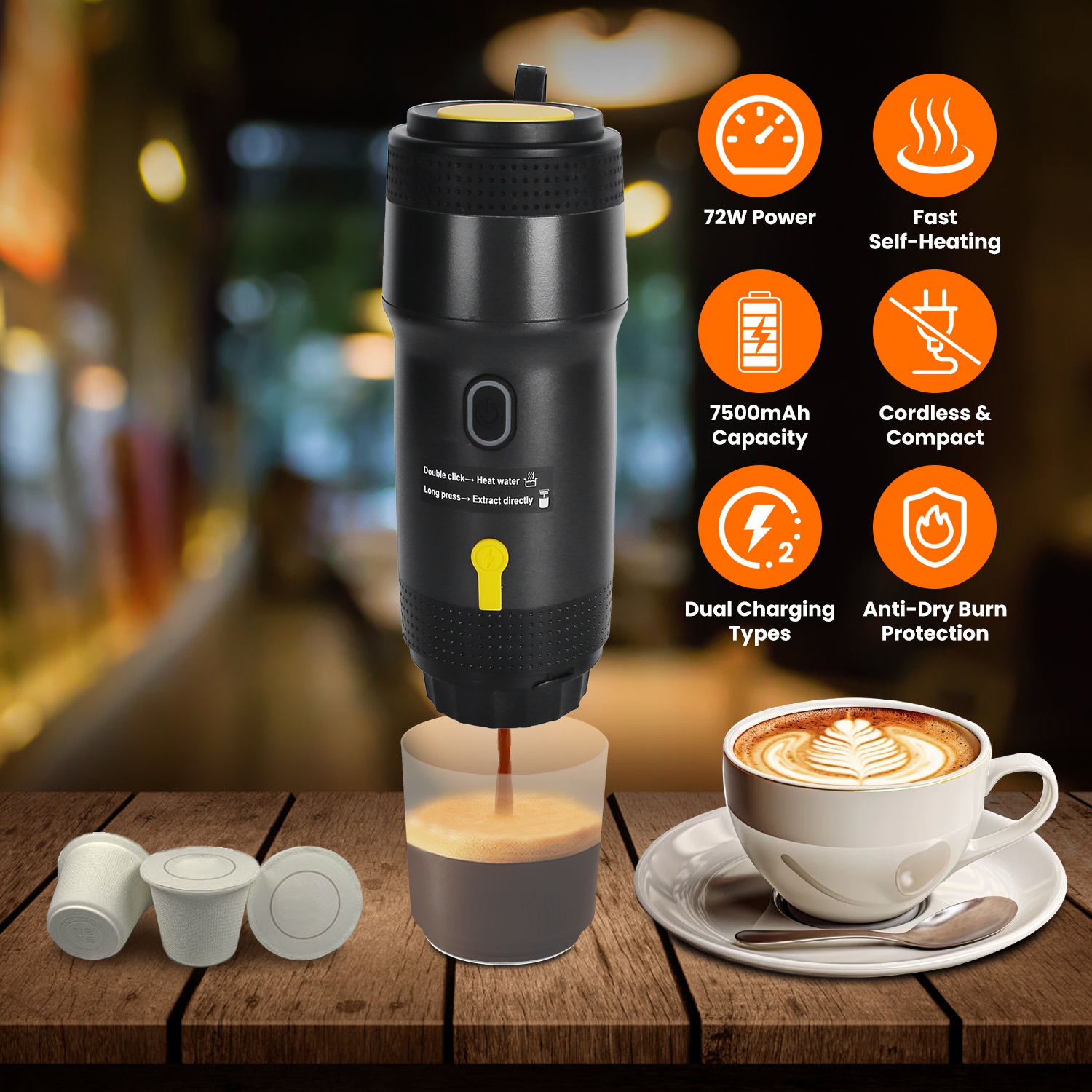 Portable Electric Espresso Machine Cordless Coffee Maker Self-Heating Car Espresso Maker with Anti-Dry Burn Fit for Ground Coffee/NS/DG Capsules for C thumbnail 4