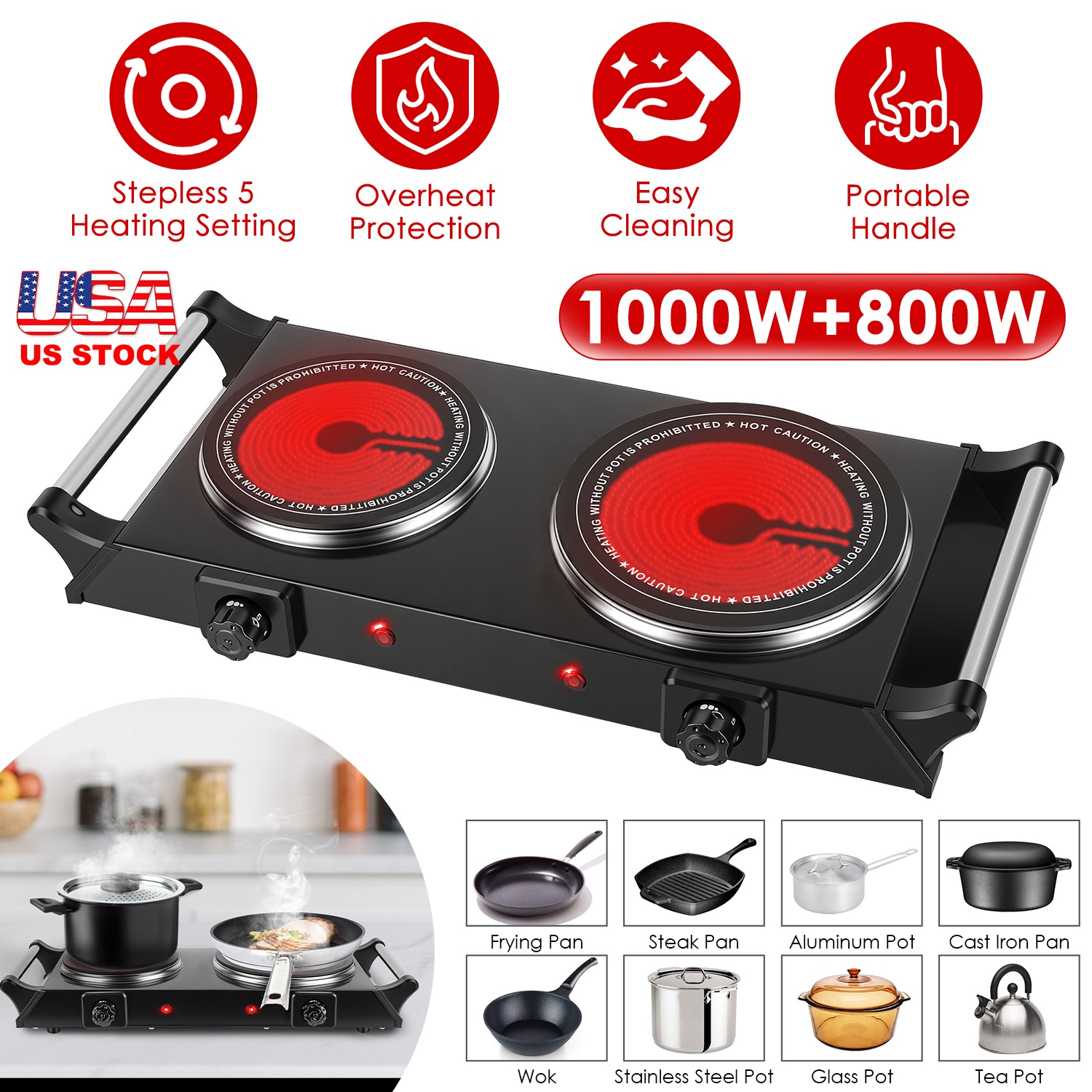 1800W Electric Double Burner Portable Heating Hot Plate Stove Countertop RV Hotplate with 5 Temperature Stepless Adjustments Portable Handles thumbnail 4