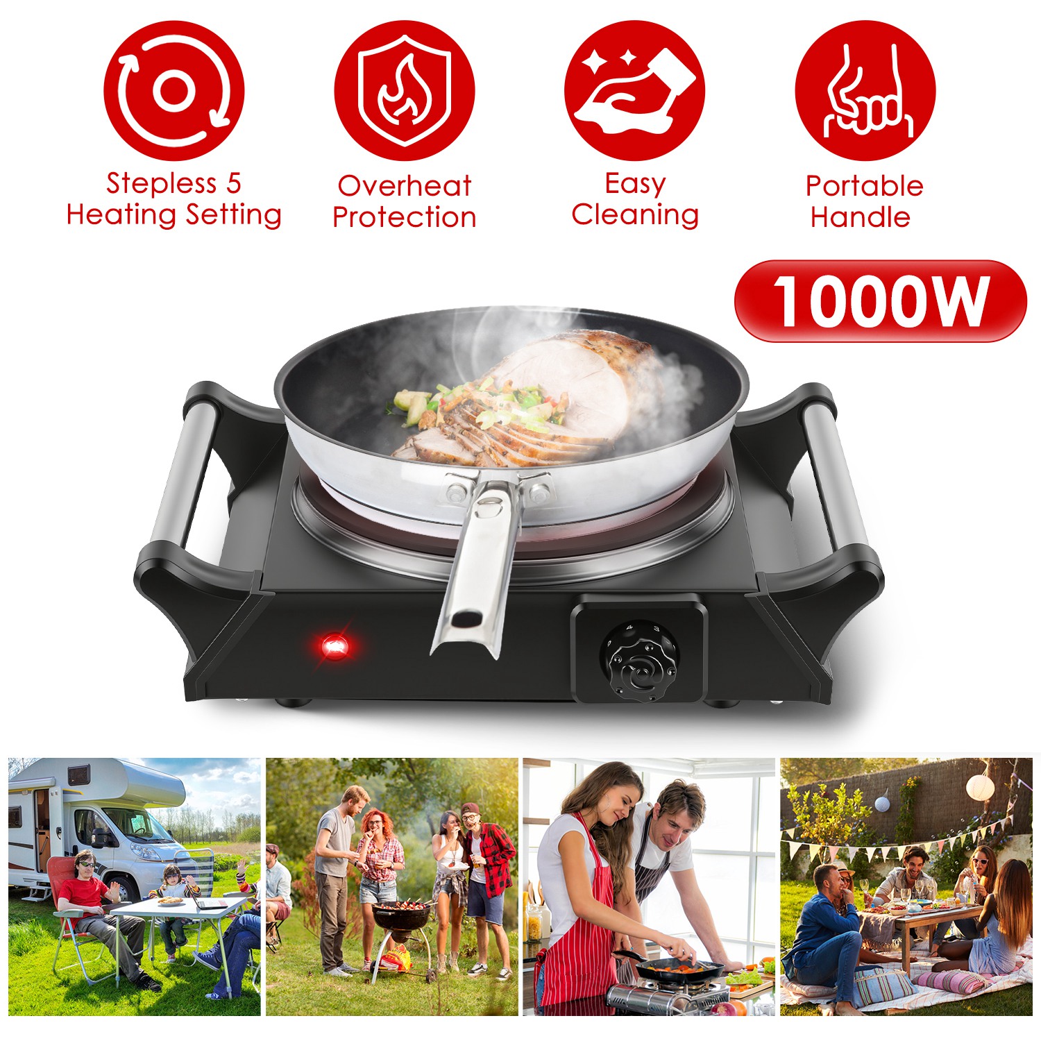 1000W Electric Single Burner Portable Heating Hot Plate Stove Countertop RV Hotplate with 5 Temperature Stepless Adjustments Portable Handles thumbnail 4