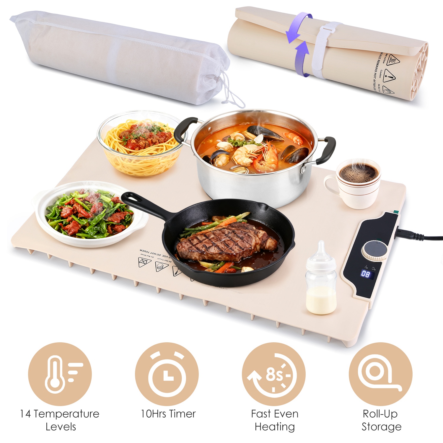 Food Warming Mat 23.6X15.8In 300W Fast Heating Electric Silicone Food Warmer With 14 Temp Levels 10Hrs Timer Settings Roll-Up Portable Hot Plates Heat thumbnail 4
