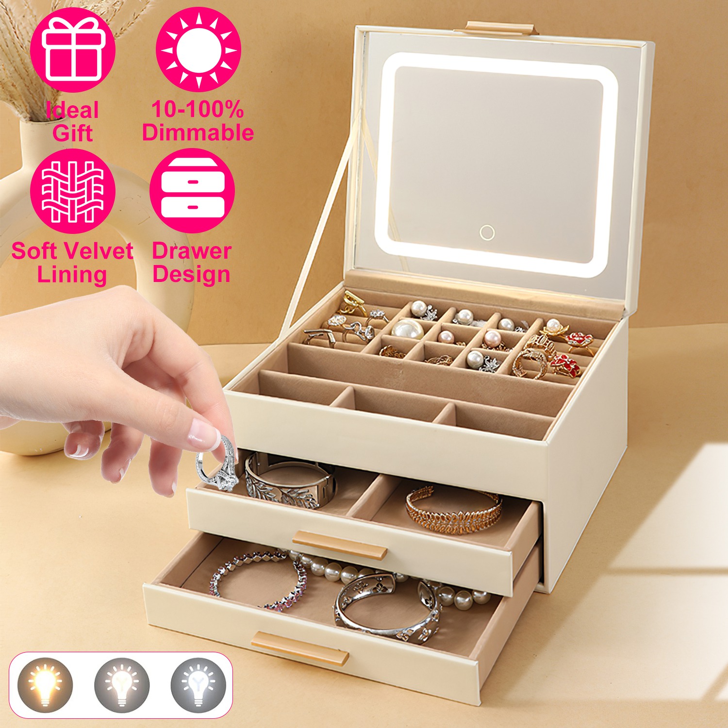 Jewelry Box with LED Mirror 3-Layer Jewelry Organizer with 2 Drawers PU Jewelry Holder with 3 Mirror Light Colors Dimmable for Earrings Rings Bracelet thumbnail 4