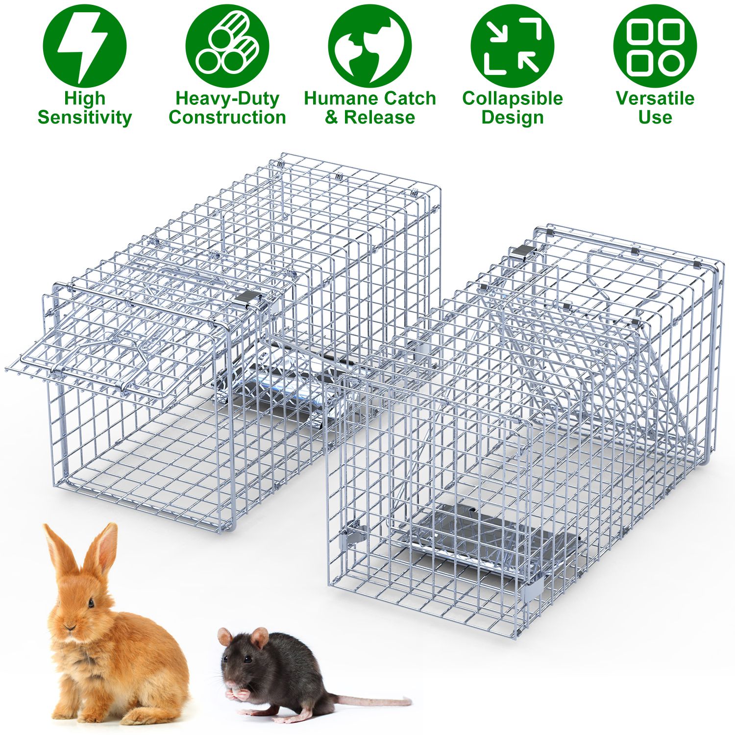 2Pcs 18x8x10In Humane Single Door Live Animal Trap Collapsible Galvanized Iron Animal Cage Catch And Release for Small Squirrel Raccoon Feral Cat Weas thumbnail 4