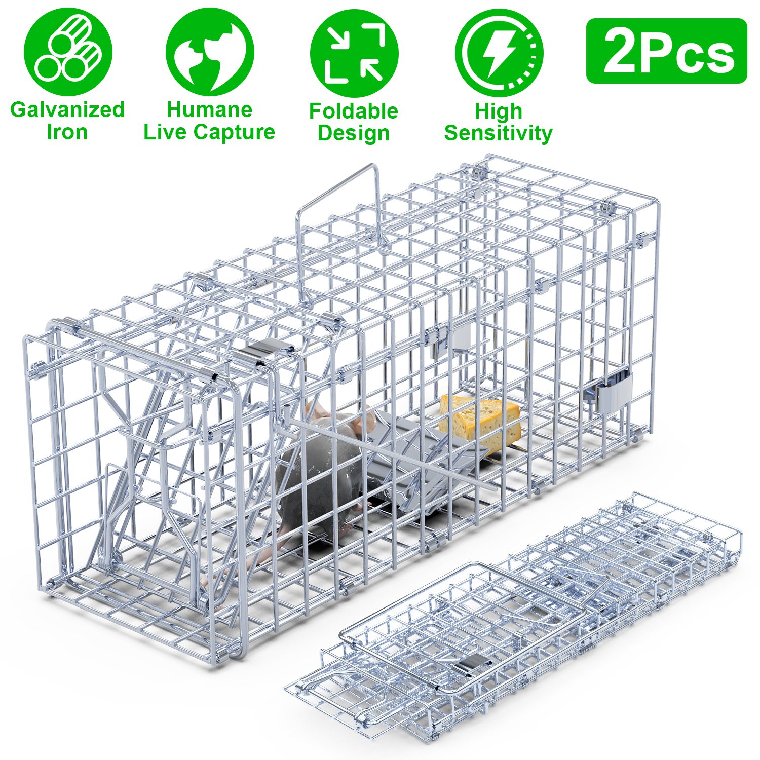 2Pcs Foldable Rat Trap Cage Humane Live Rodent Trap Cage Galvanized Iron Mice Mouse Control Bait Catch with Detachable L Shaped Rod For Kitchen Garden thumbnail 4