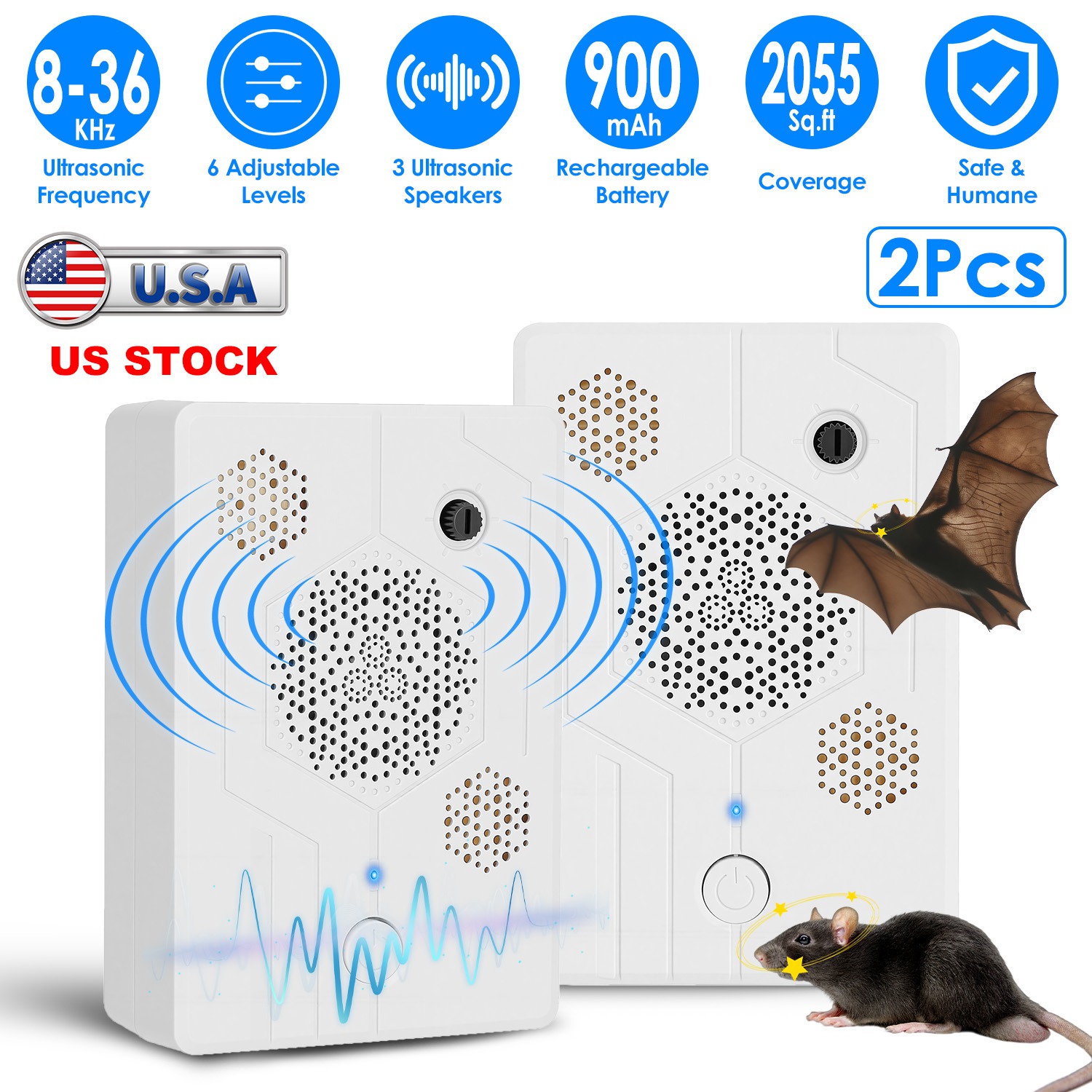 2Pack 2026 Upgraded Rechargeable Ultrasonic Bat Repellent Indoor Outdoor Bird Mouse Dog Deterrent Device with 3 Ultrasonic Speakers for Attic Porch Ho thumbnail 4