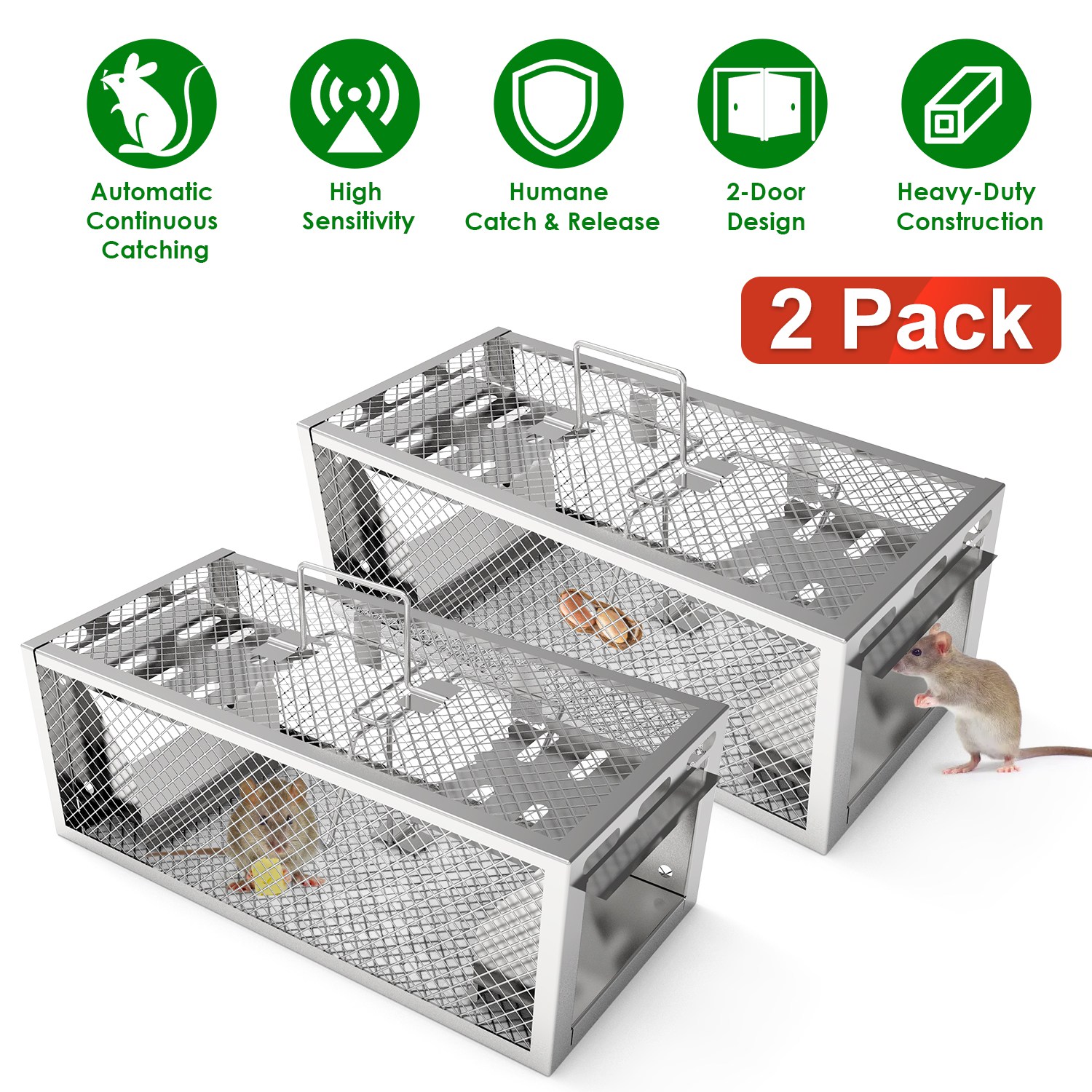 2Pack 11.81x5.63x4.45In 2-Door Humane Rat Trap Automatic Continuous Mouse Trap Reusable Galvanized Iron Live Animal Cage thumbnail 4