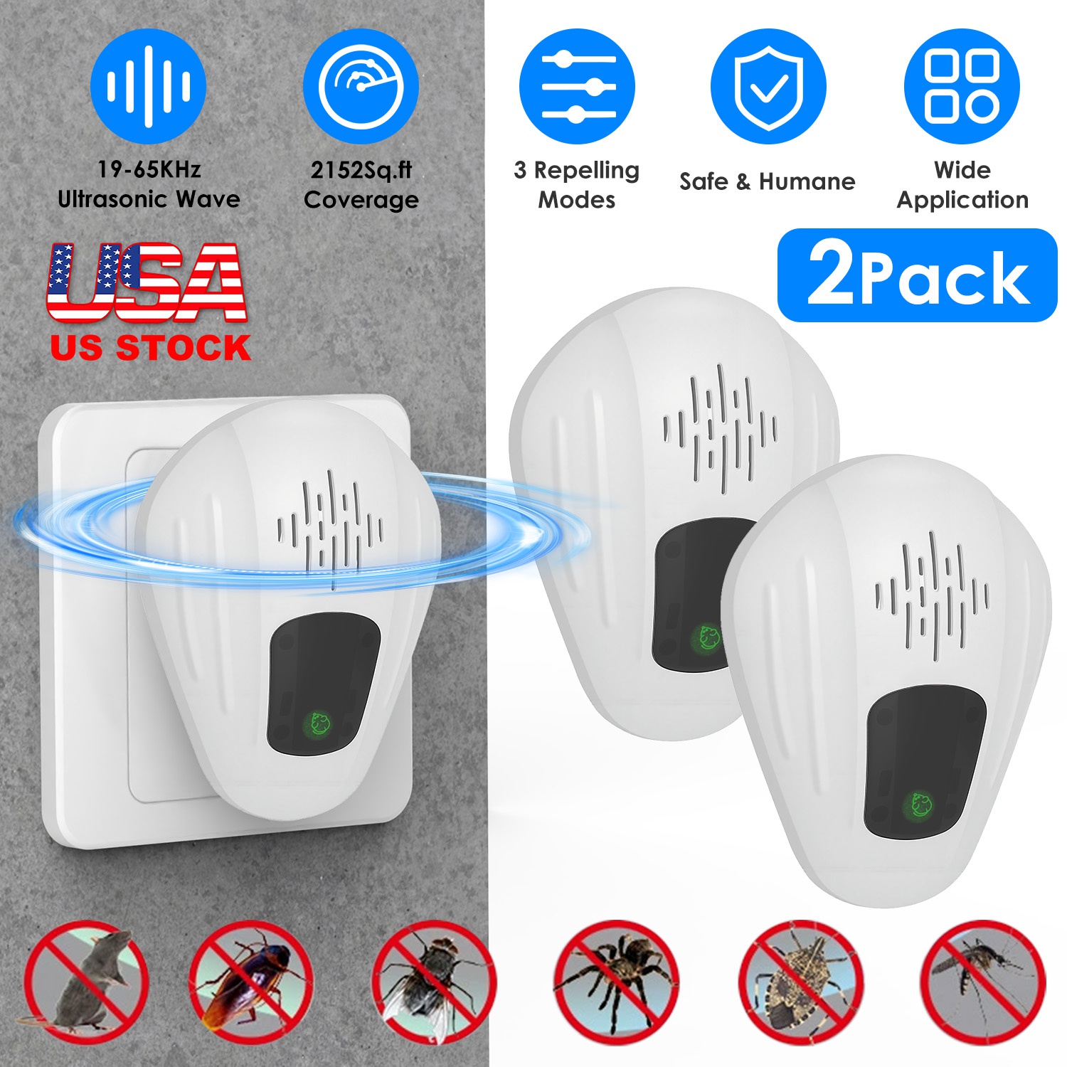 2 Pack Pest Control Device for Mosquitoes Cockroaches Rats Plug In Ultrasonic Insect Repellent Indoor for Bedroom Garage Warehouse Office thumbnail 4