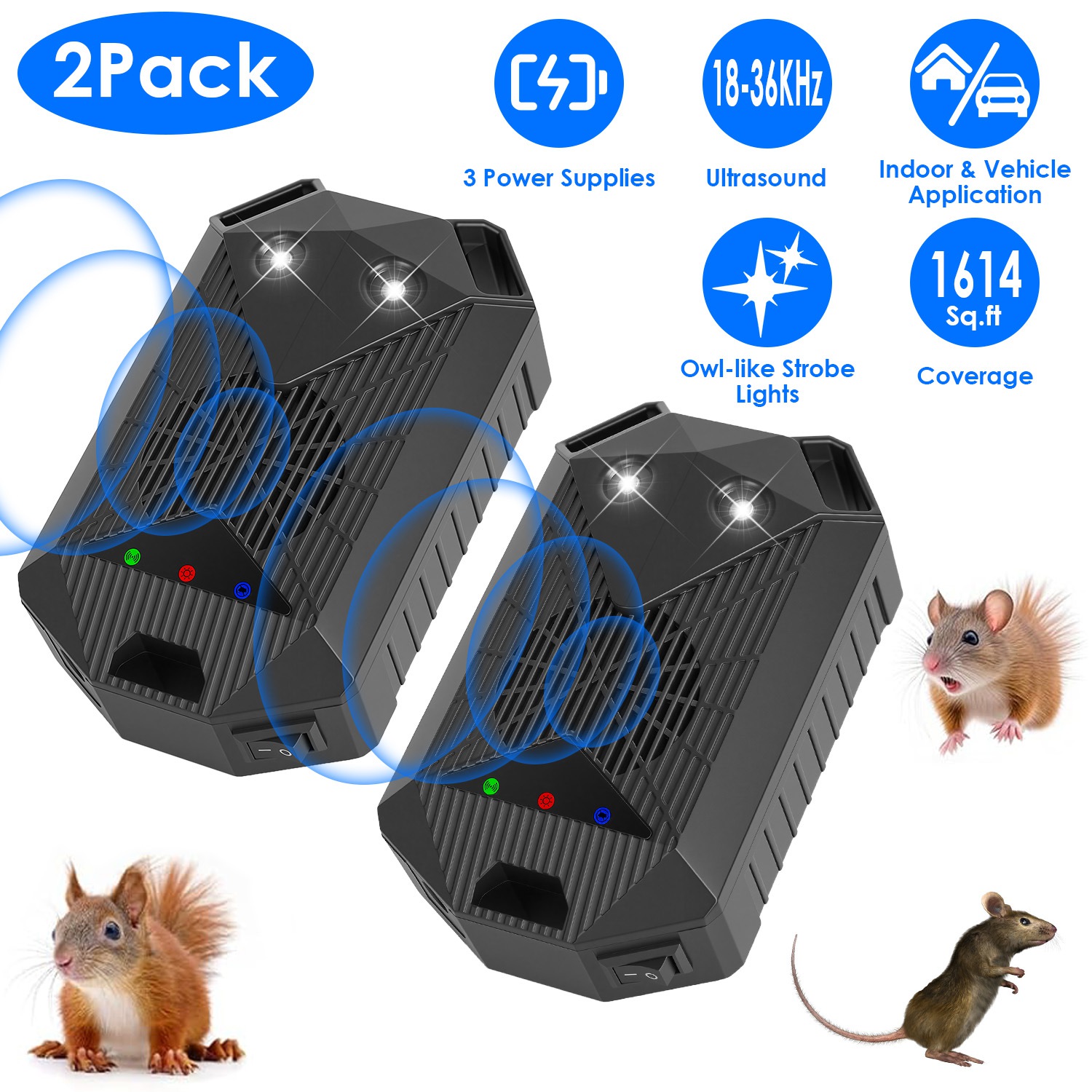 2 Pack Under Hood Ultrasonic Rodent Repeller Rodent Control Deterrent Chaser Blocker for Vehicle Indoor with Strobe Light 3 Power Supplies thumbnail 4