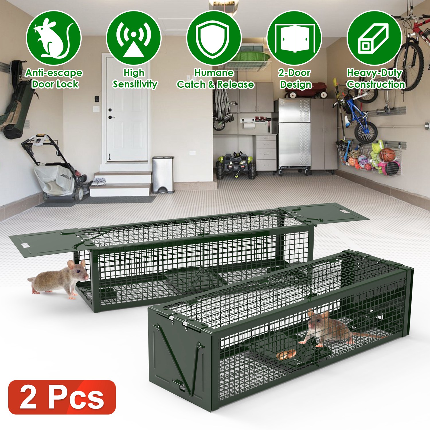 2Pack 15.35x4.72x3.94in 2-Door Humane Live Rat Trap Galvanized Iron Rodent Trap Cage Reusable for Home Garden Farm Warehouse thumbnail 4