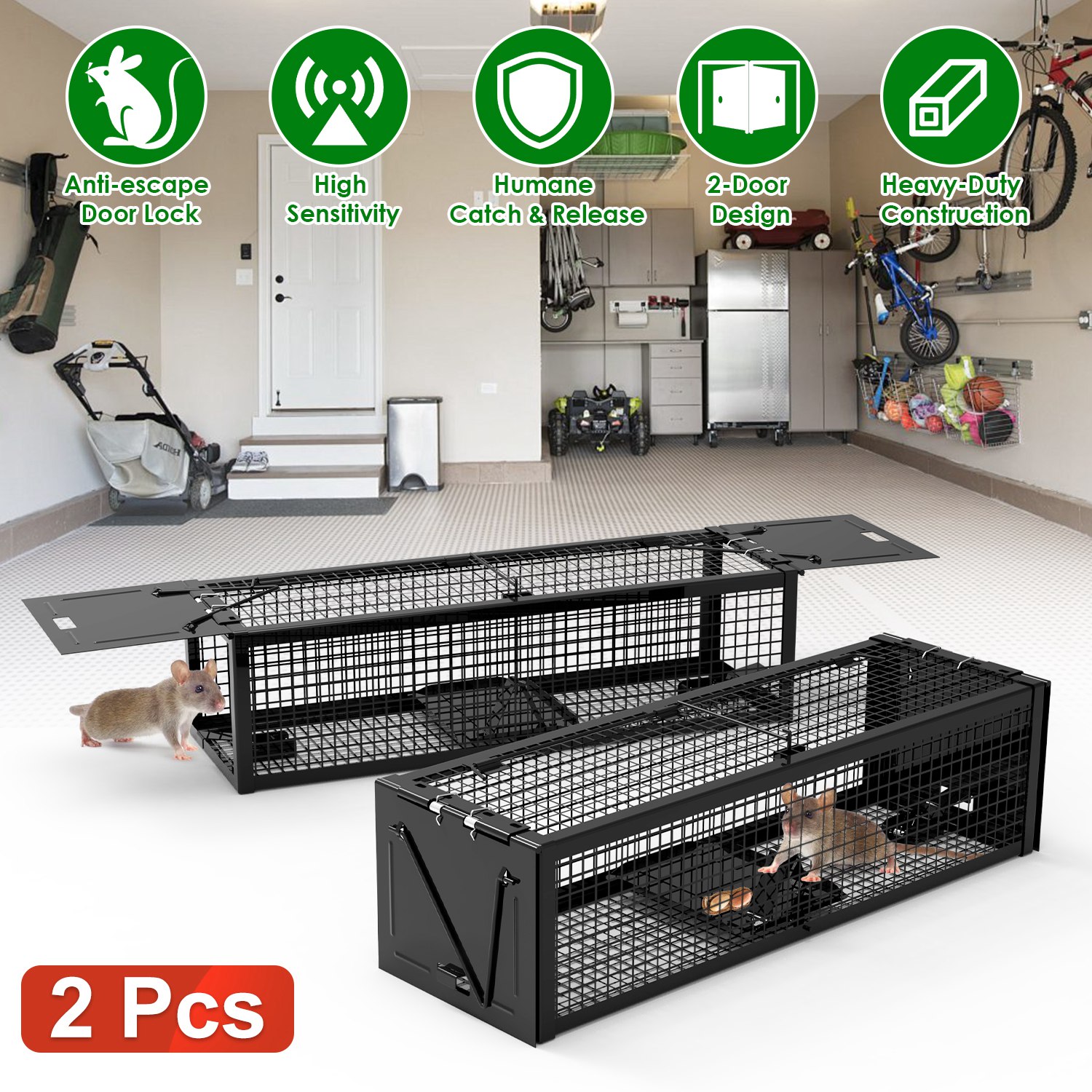 2Pack 15.35x4.72x3.94in 2-Door Humane Live Rat Trap Galvanized Iron Rodent Trap Cage Reusable for Home Garden Farm Warehouse thumbnail 4