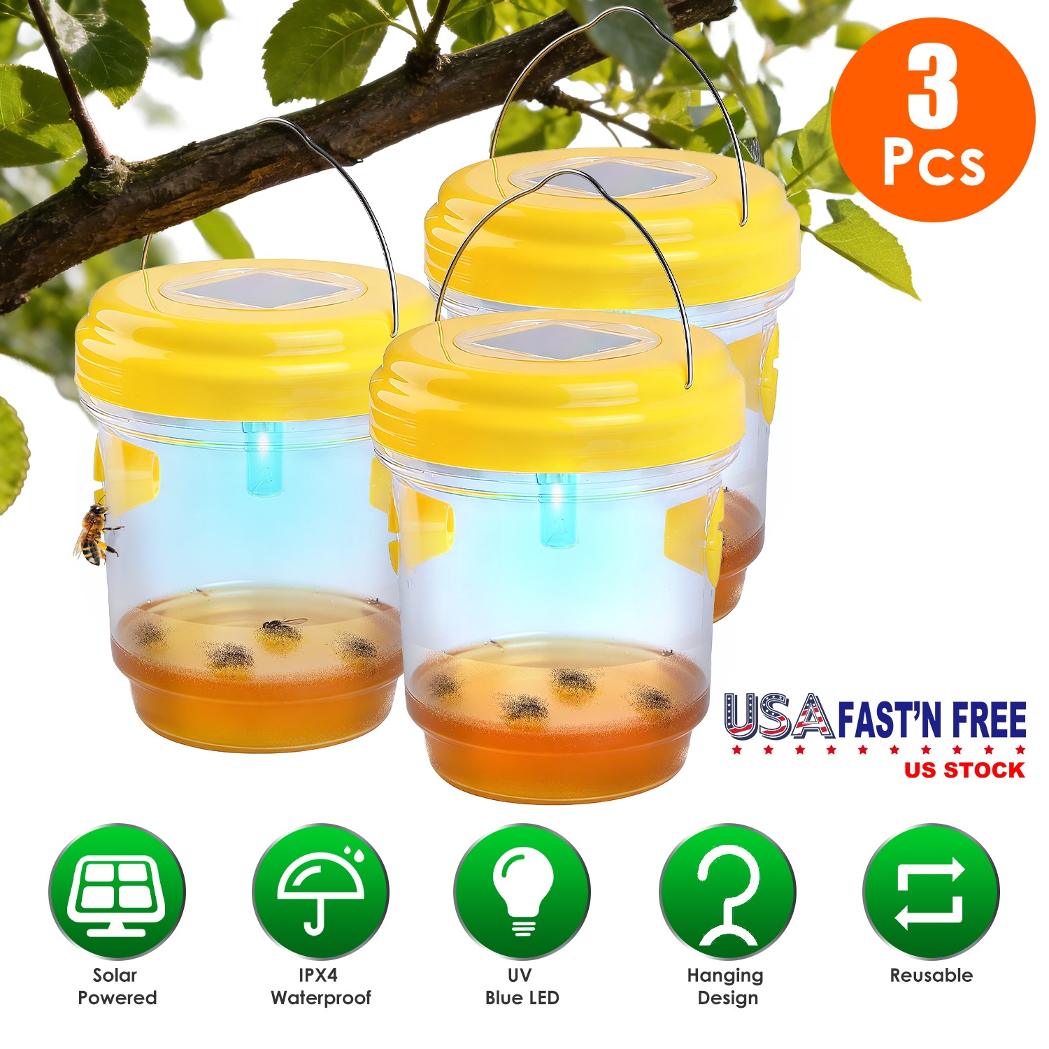 3Pack Solar Wasp Traps Outdoor Hanging Insect Catchers with UV Light for Paper Wasps Yellow Jackets Small Hornets Fruit Flies House Flies thumbnail 4