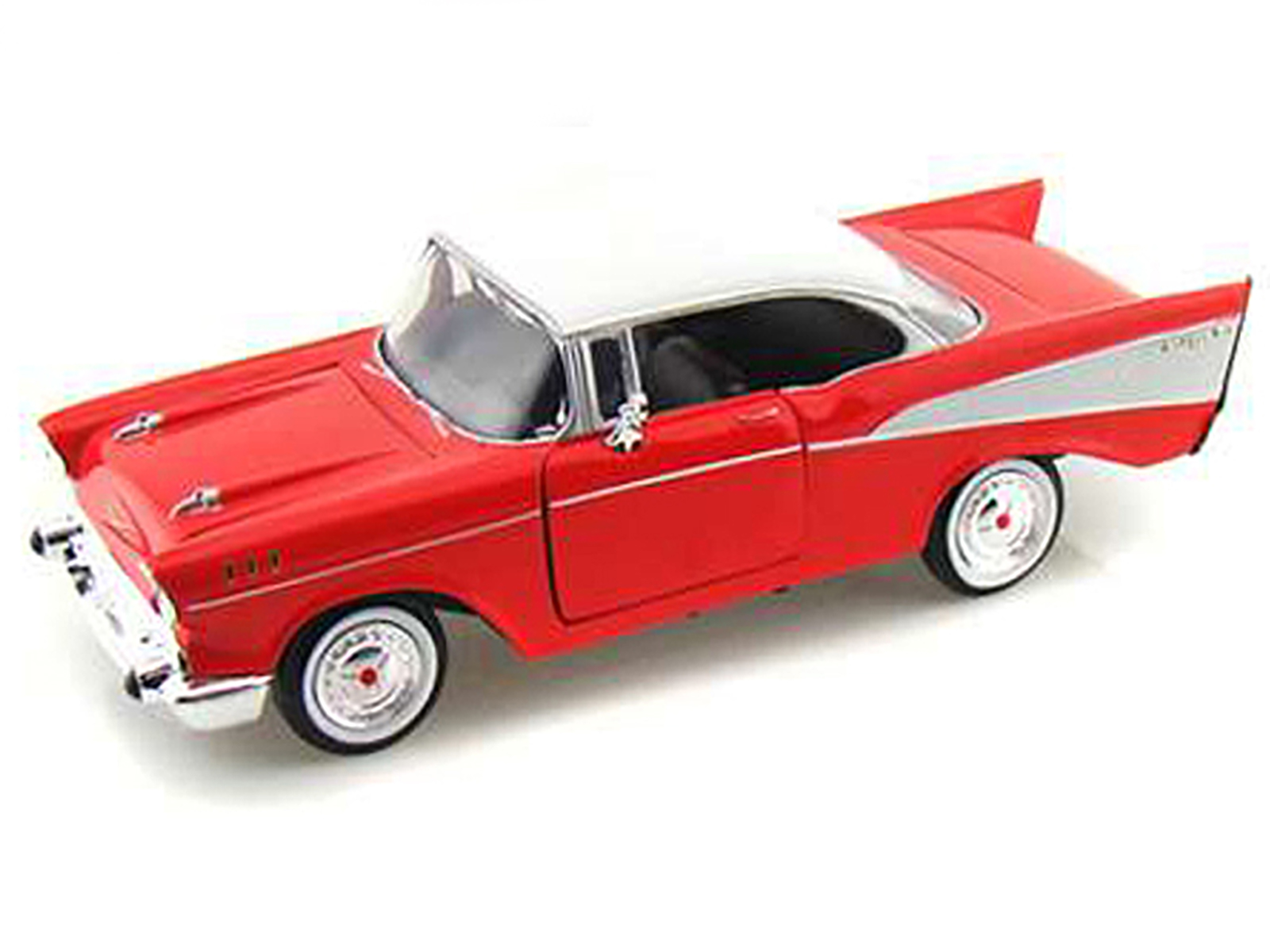 1957 Chevrolet Bel Air Red with White Top 1/24 Diecast Model Car by Motormax thumbnail 2