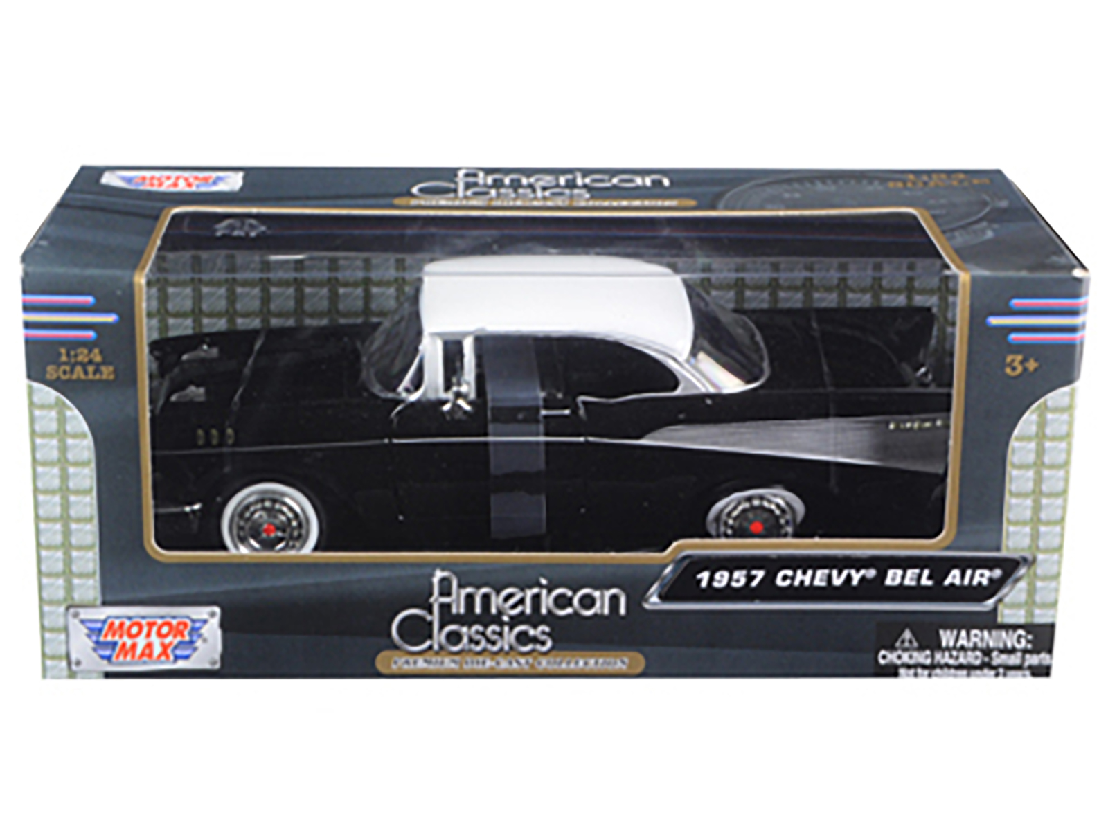1957 Chevrolet Bel Air Black with White Top 1/24 Diecast Model Car by Motormax thumbnail 3