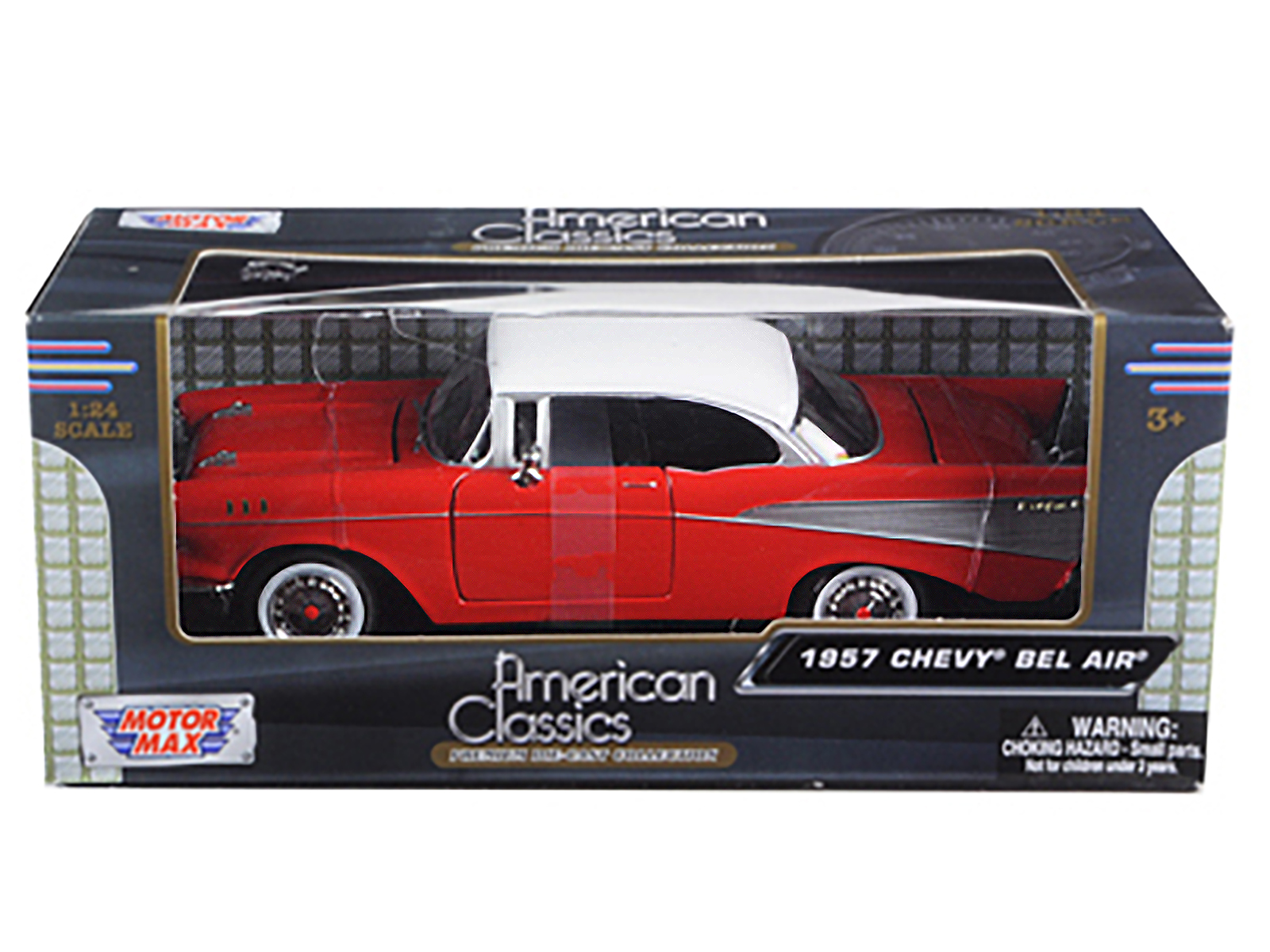 1957 Chevrolet Bel Air Red with White Top 1/24 Diecast Model Car by Motormax thumbnail 3