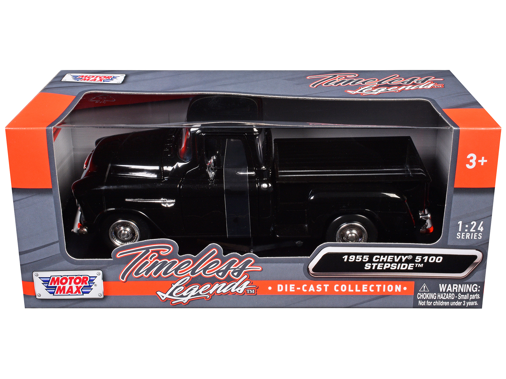 1955 Chevrolet 5100 Stepside Pickup Truck Black 1/24 Diecast Car Model by Motormax thumbnail 3