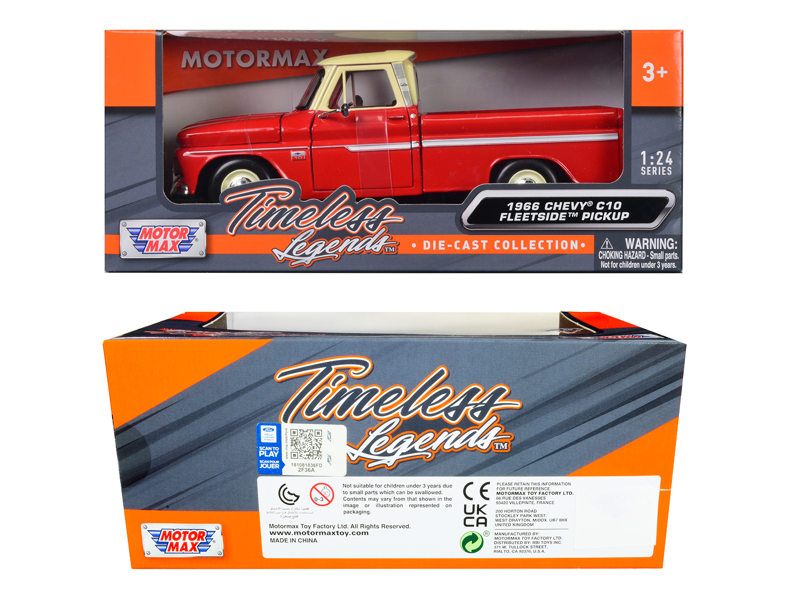 1966 Chevrolet C10 Fleetside Pickup Truck Red with Cream Top "American Classics" 1/24 Diecast Model Car by Motormax thumbnail 3