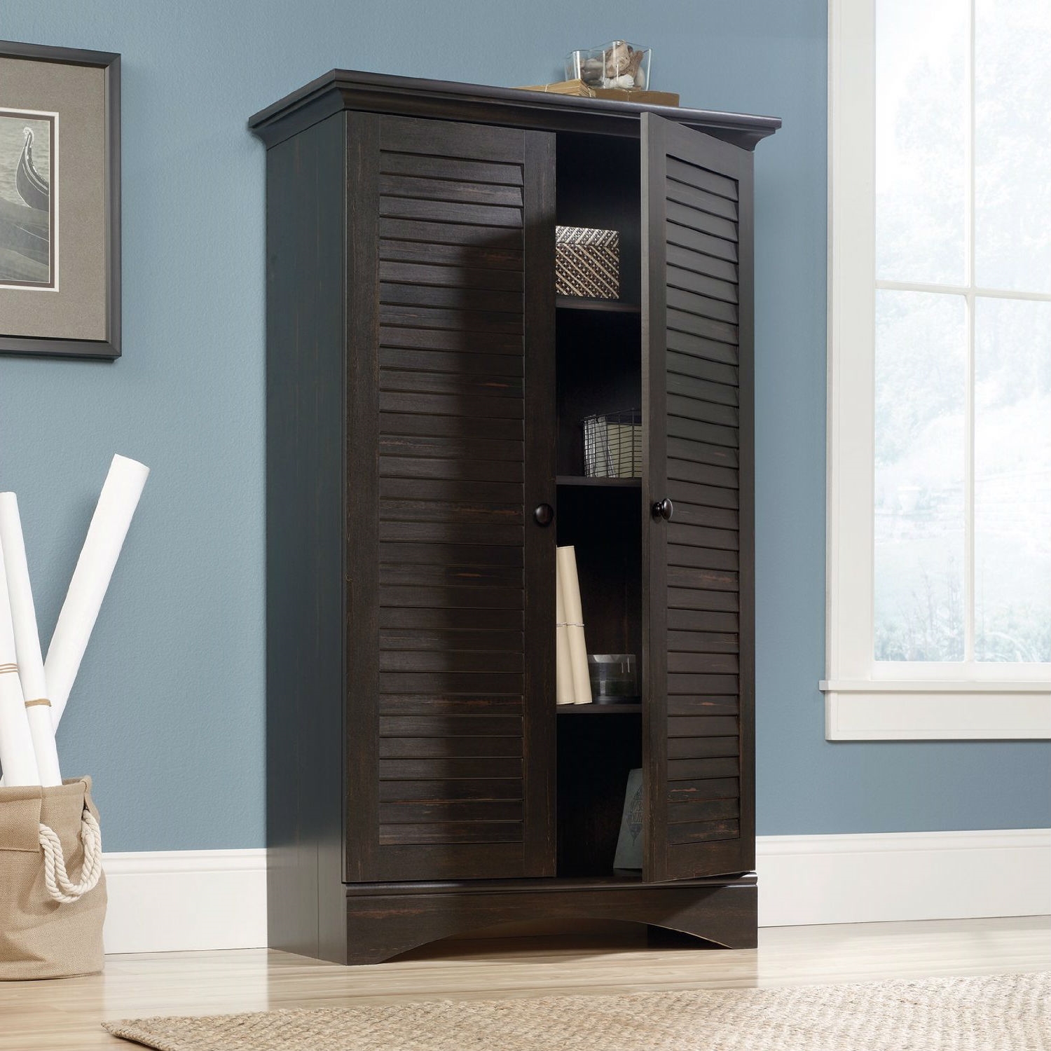 Multi-Purpose Wardrobe Armoire Storage Cabinet in Dark Brown Antique Wood Finish thumbnail 4