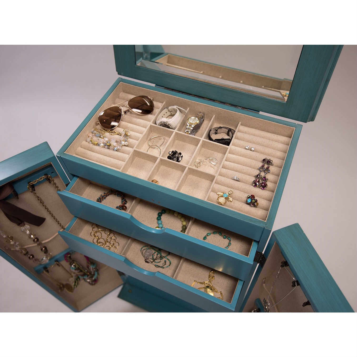 Vintage Turquoise Hand Painted Jewelry Armoire with Antique Drawer Pulls thumbnail 4