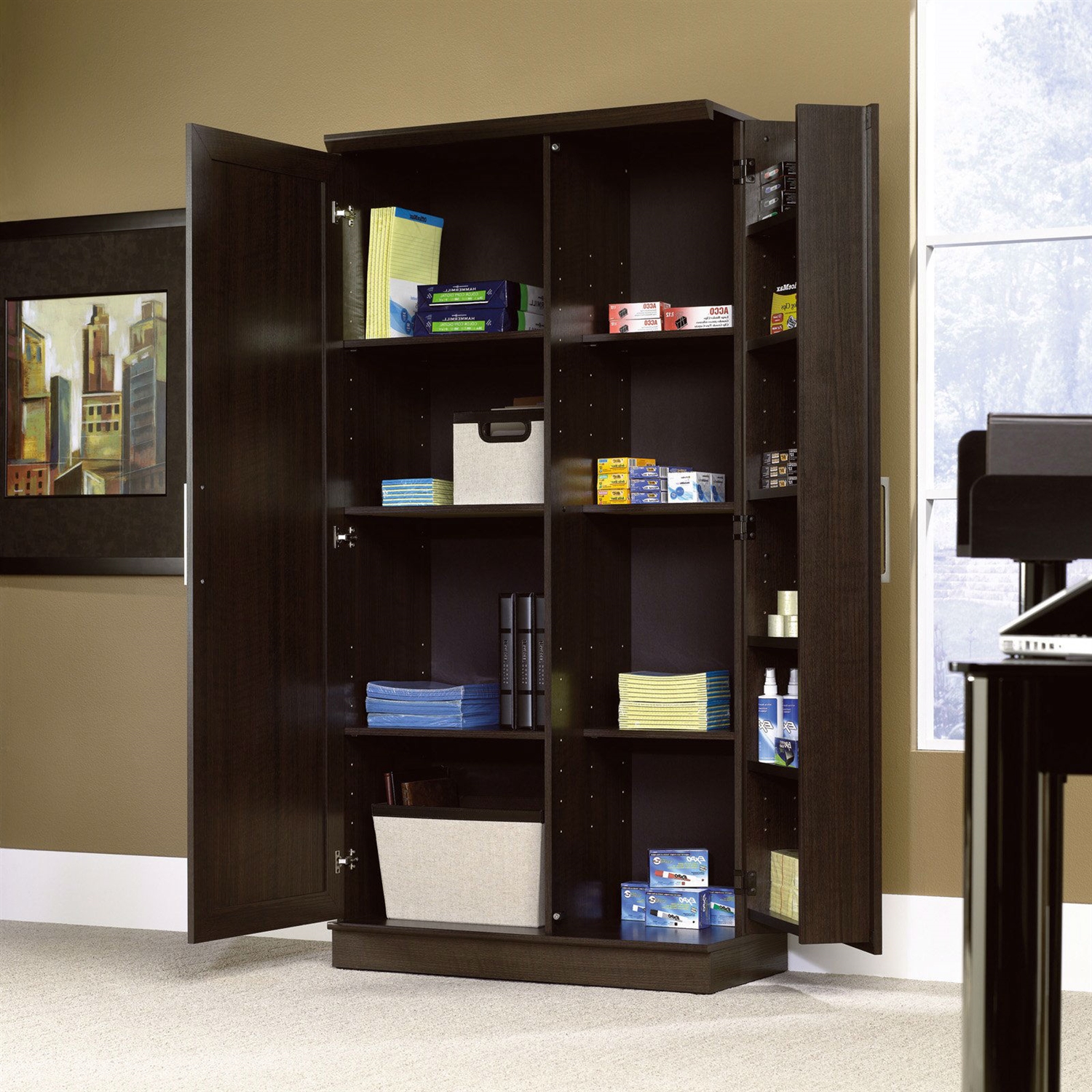 Multi-Purpose Living Room Kitchen Cupboard Storage Cabinet Armoire in Brown thumbnail 4