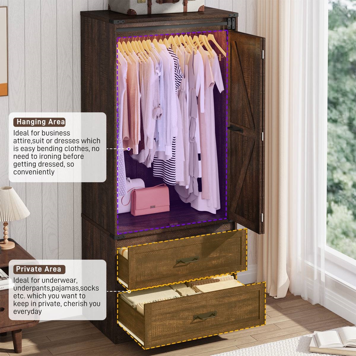 Espresso Brown Wood Farmhouse Armoire Wardrobe Closet with Sliding Barn Doors thumbnail 2