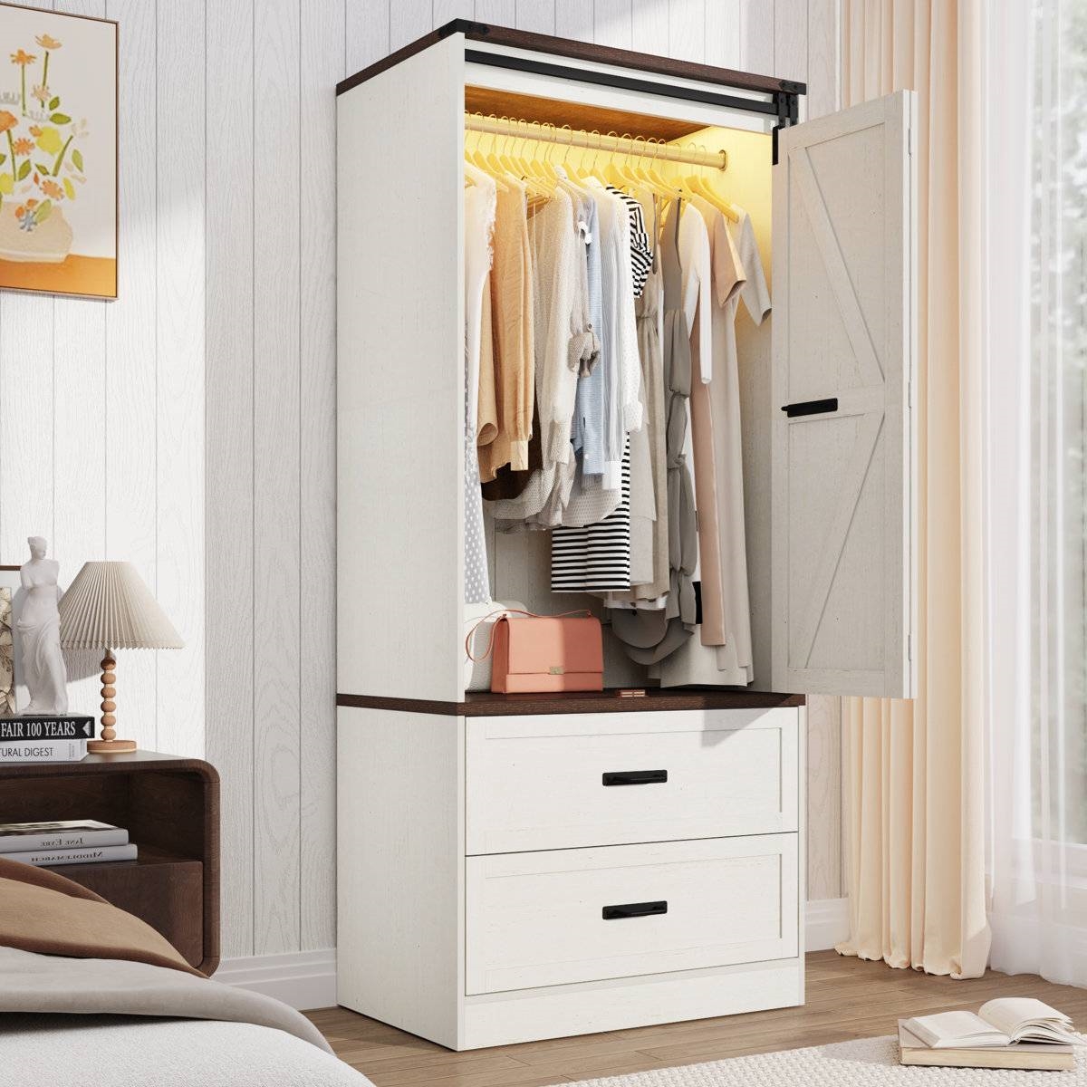 White Farmhouse Armoire Wardrobe Closet with Sliding Barn Doors thumbnail 2
