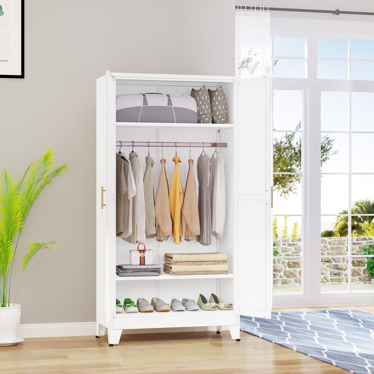 White Metal Multifunctional Storage Armoire Wardrobe Closet thumbnail 2