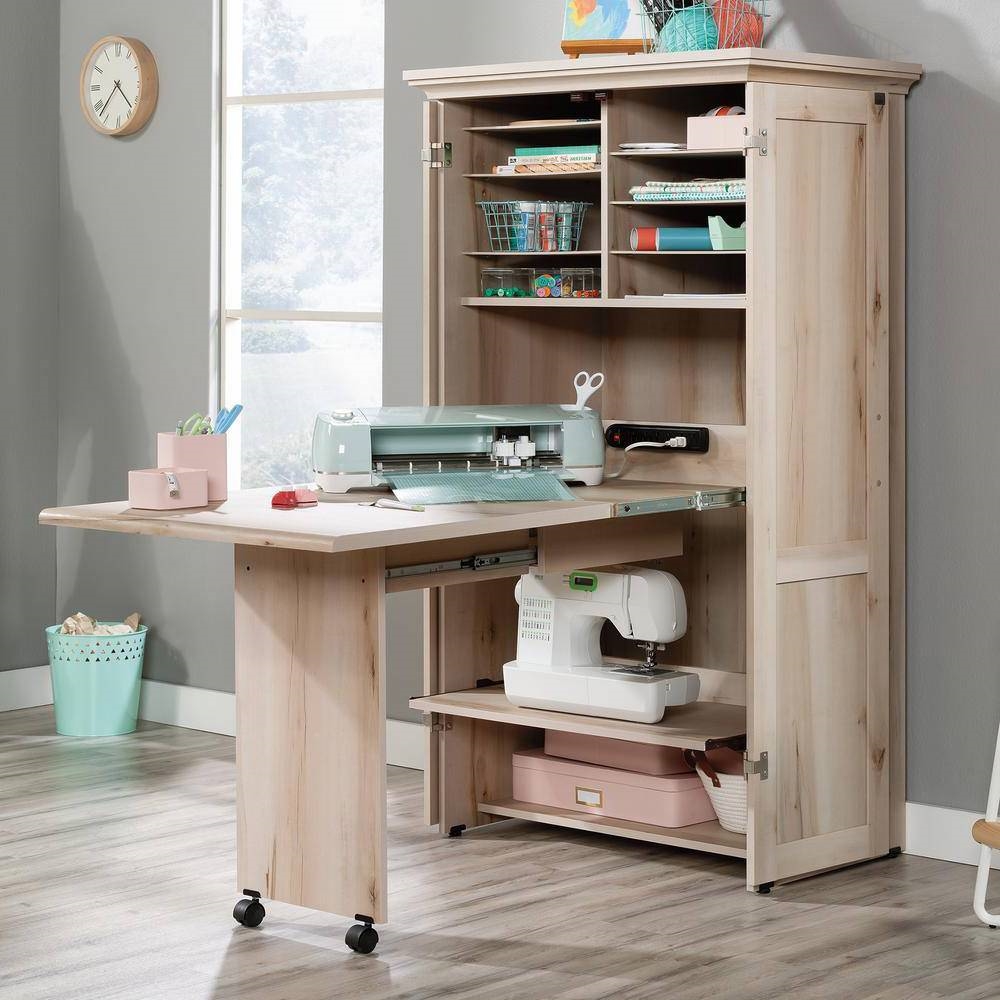 Drop Leaf Computer Desk Craft Table Armoire in Maple Wood Finish - Made in USA thumbnail 2