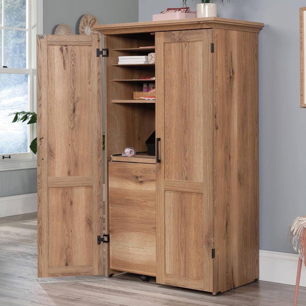 Drop Leaf Computer Desk Craft Table Armoire in Oak Wood Finish - Made in USA thumbnail 2