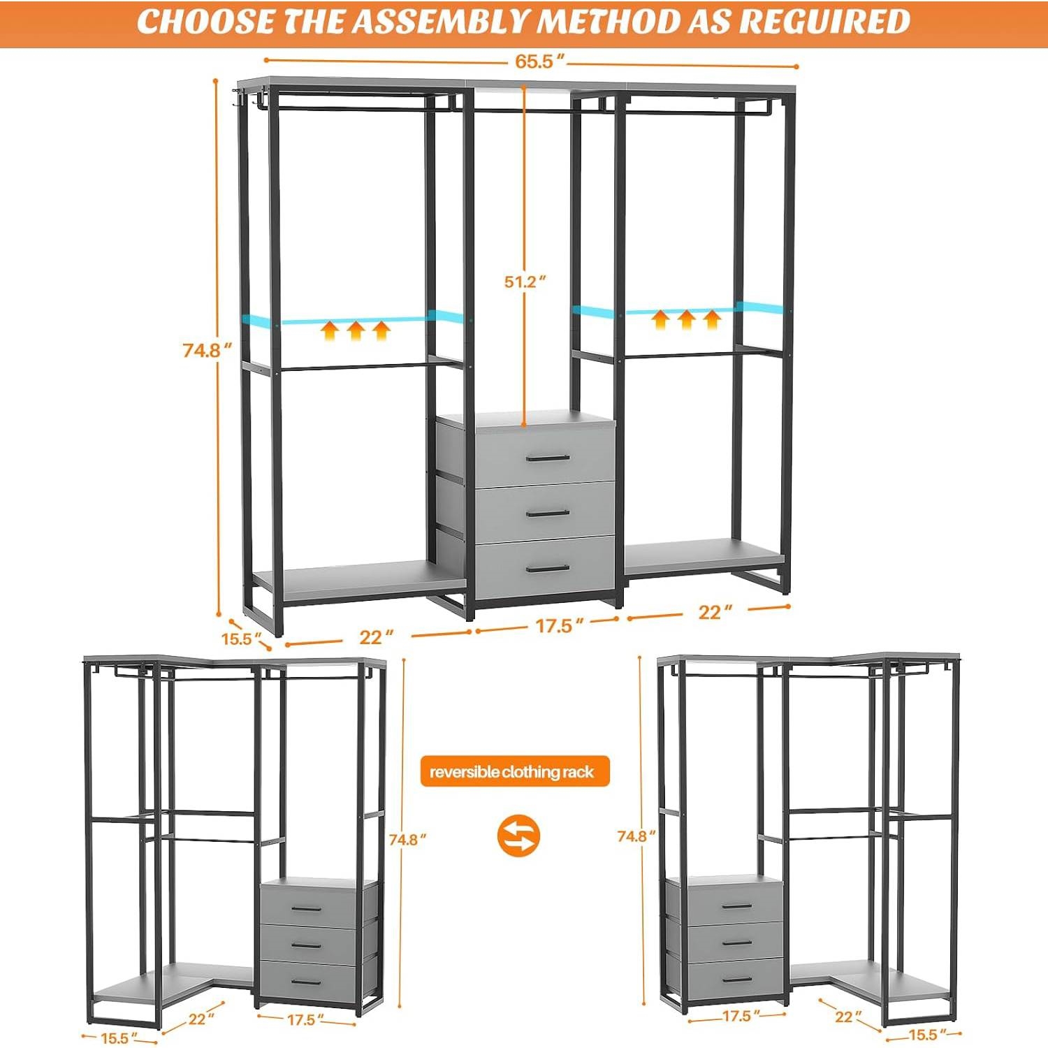 Heavy Duty Black Grey Freestanding Garment Rack Closet Wardrobe with 3 Drawers thumbnail 2