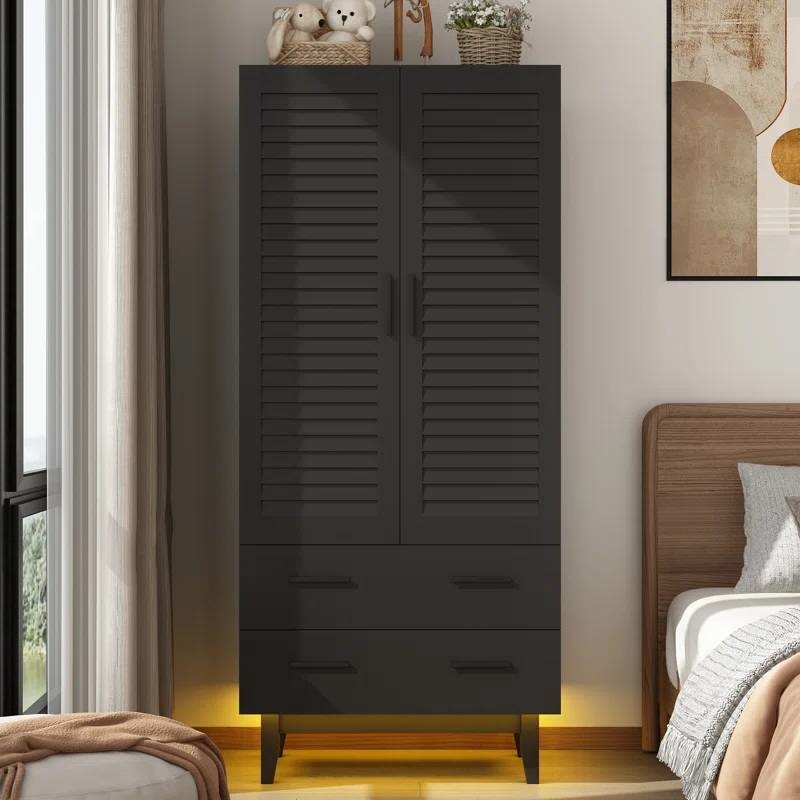 Matte Black Mid-Century Wardrobe Armoire with Louver Doors and LED Lights thumbnail 2