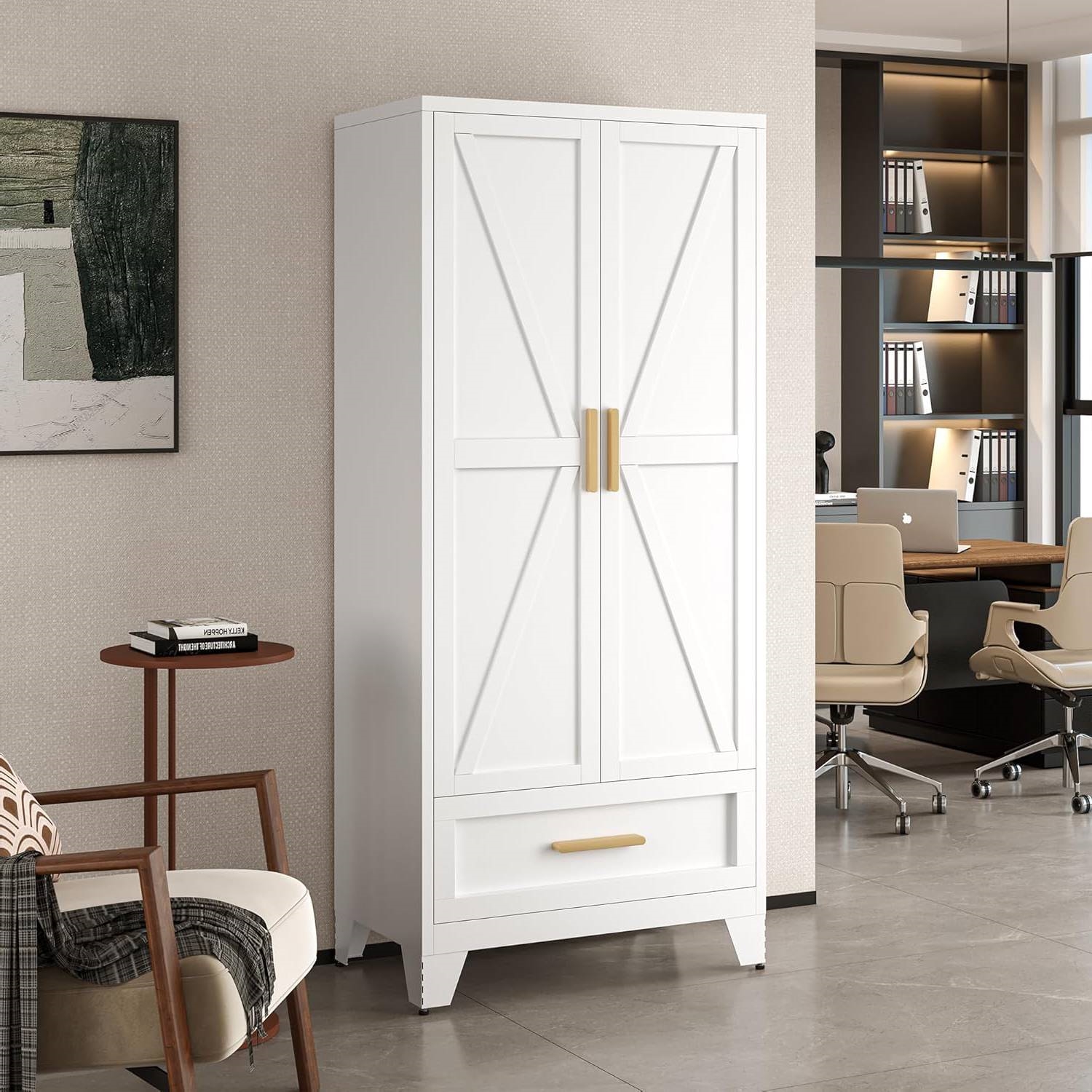 White 2-Door Wardrobe Armoire Cabinet with Storage Drawer and Hanging Rod thumbnail 2