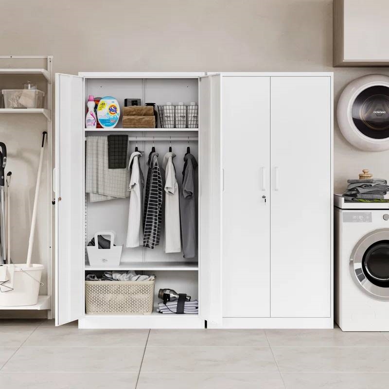 White Metal Locking Wardrobe Armoire Cabinet with Clothing Hanging Rod thumbnail 2